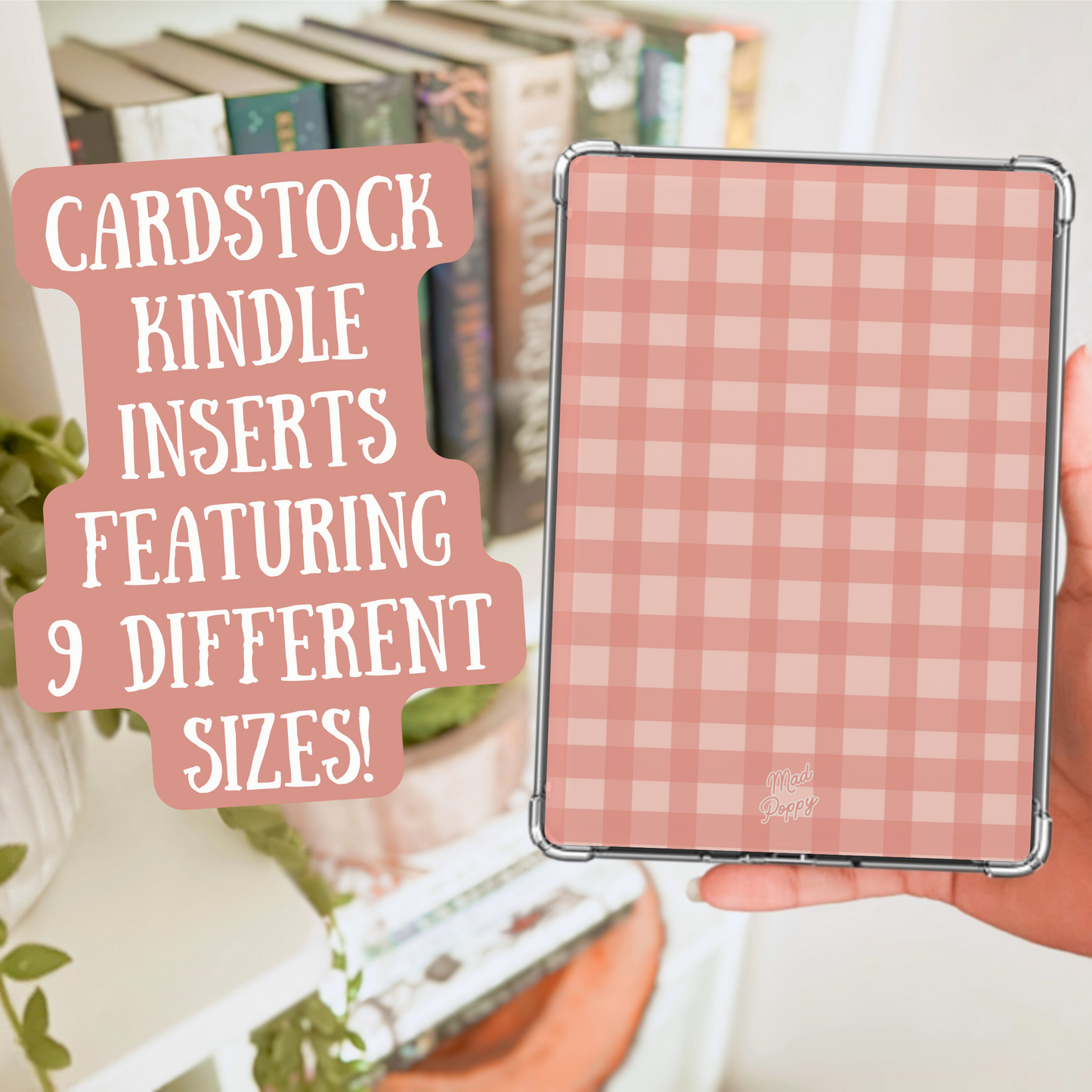 Cardstock Kindle insert with checkered pattern held by a hand, with text overlay.