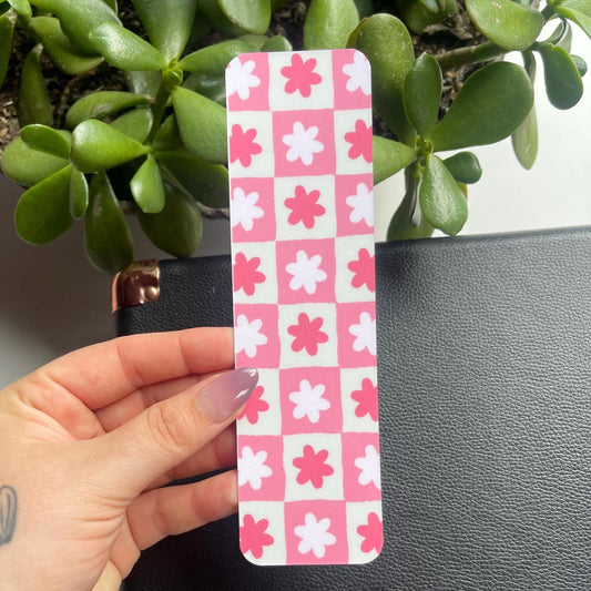 Cream and Pink Floral Checkered Bookmark