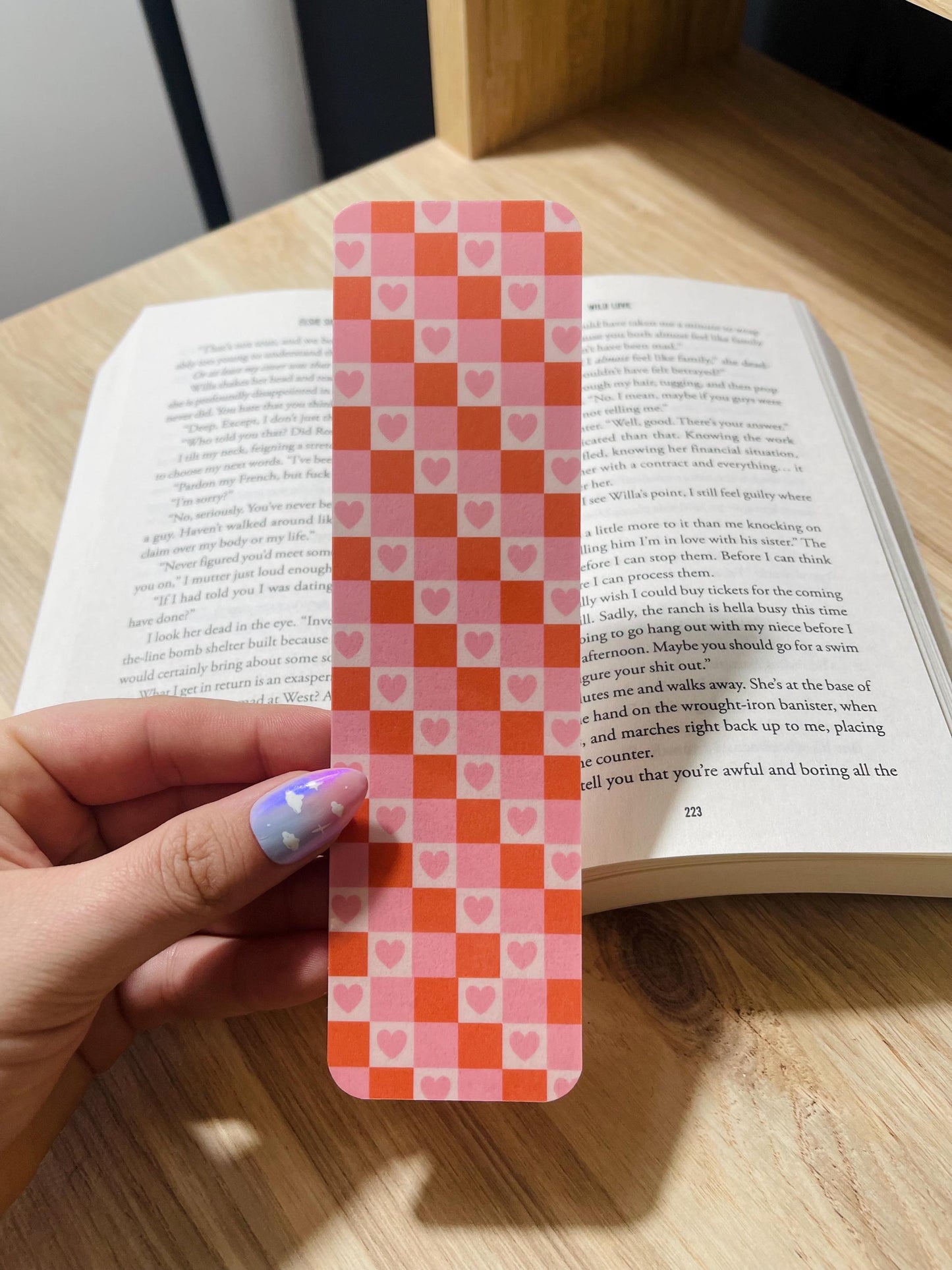 Pink, Red, and Cream Checkered Heart Bookmark