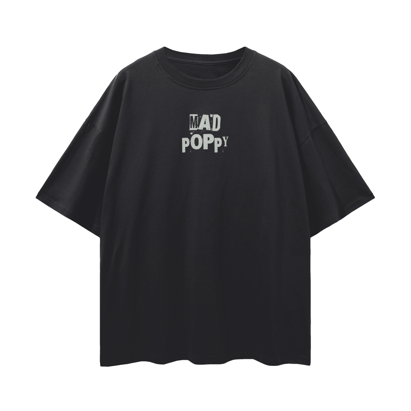 Black t-shirt with white graphic design and text on a white background