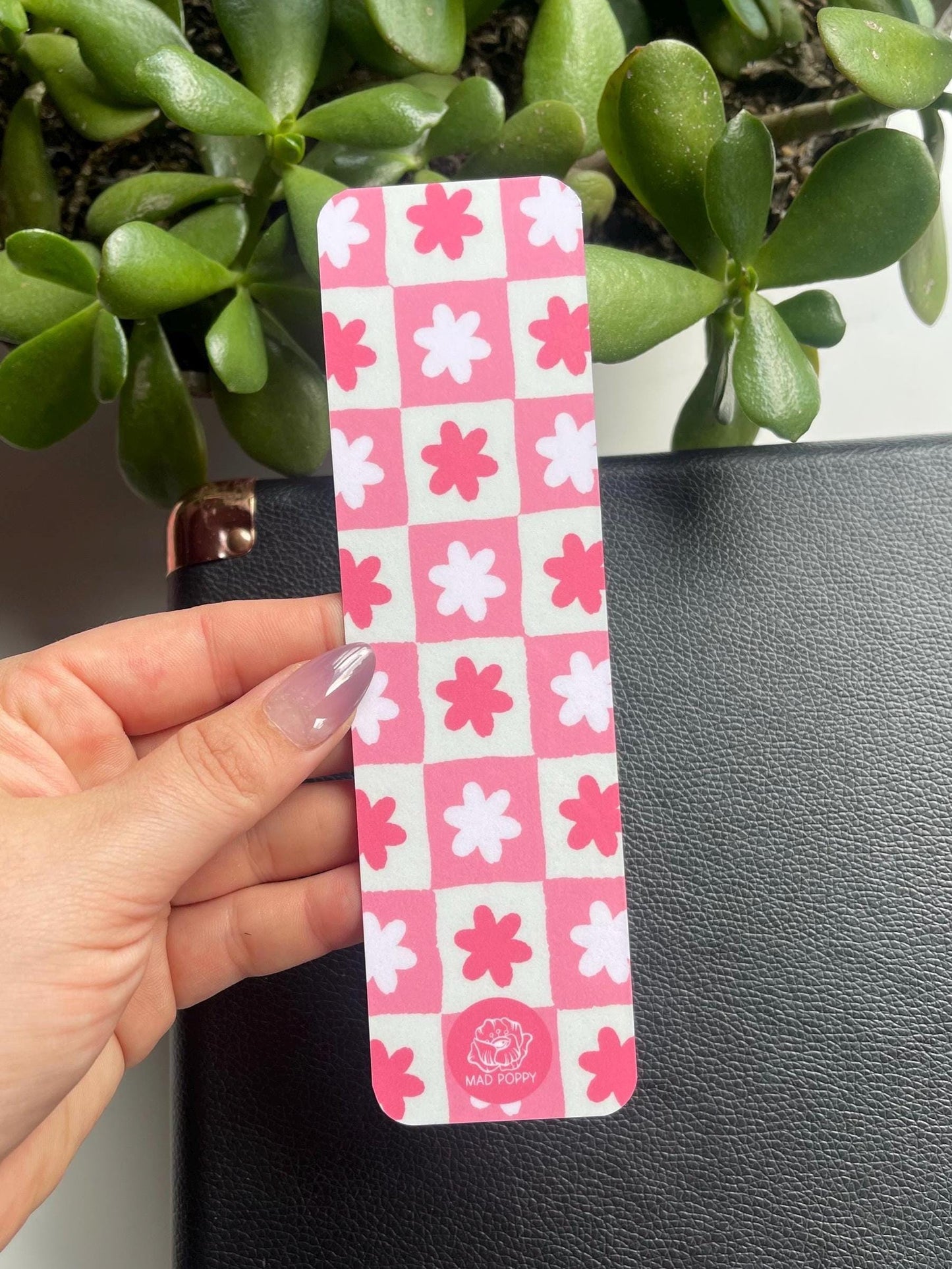 Cream and Pink Floral Checkered Bookmark
