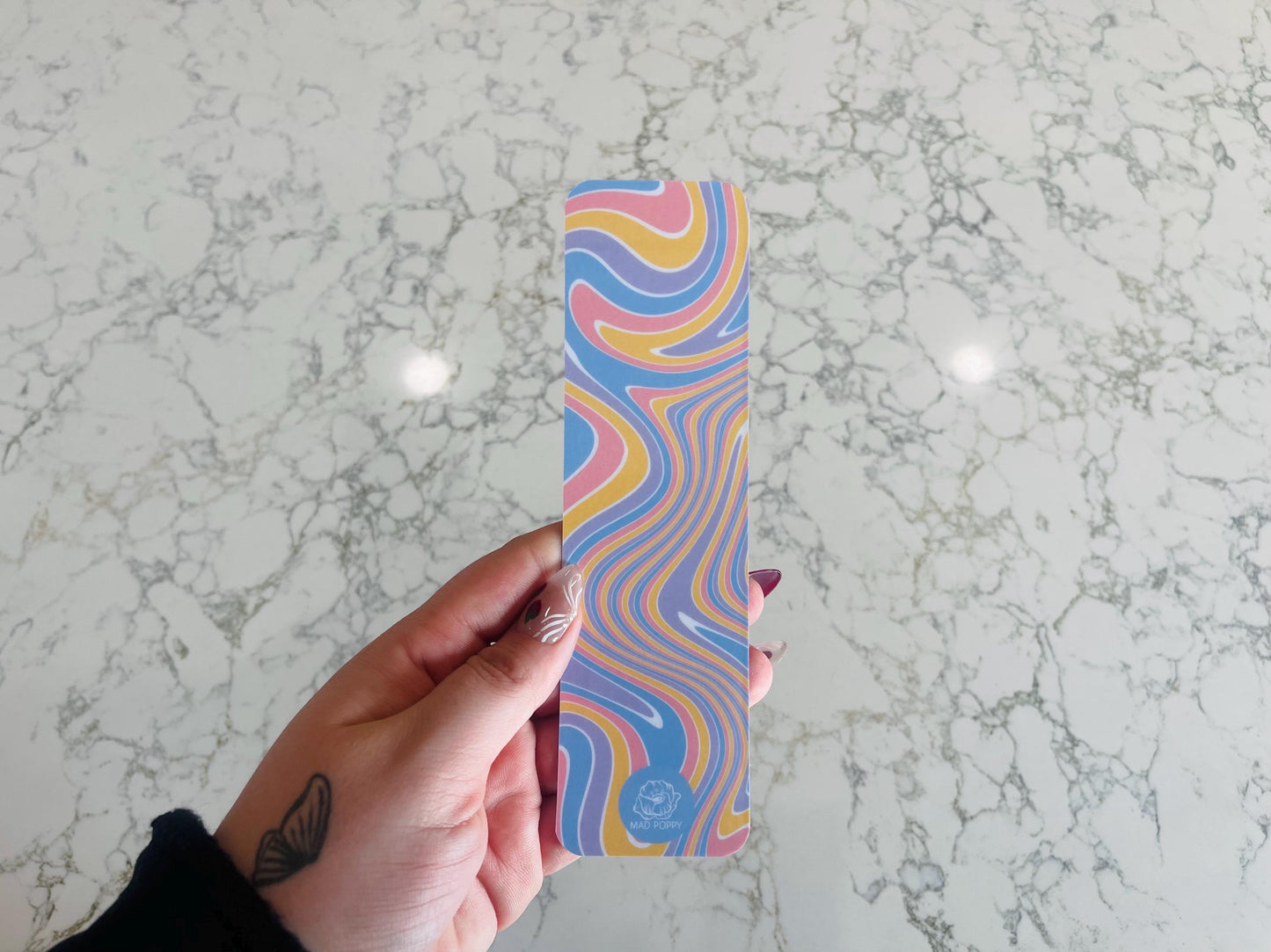 Retro Swirl Bookmark | Blue, Orange, Pink, and White Wavy Design | 70s Aesthetic Bookmark for Book Lovers
