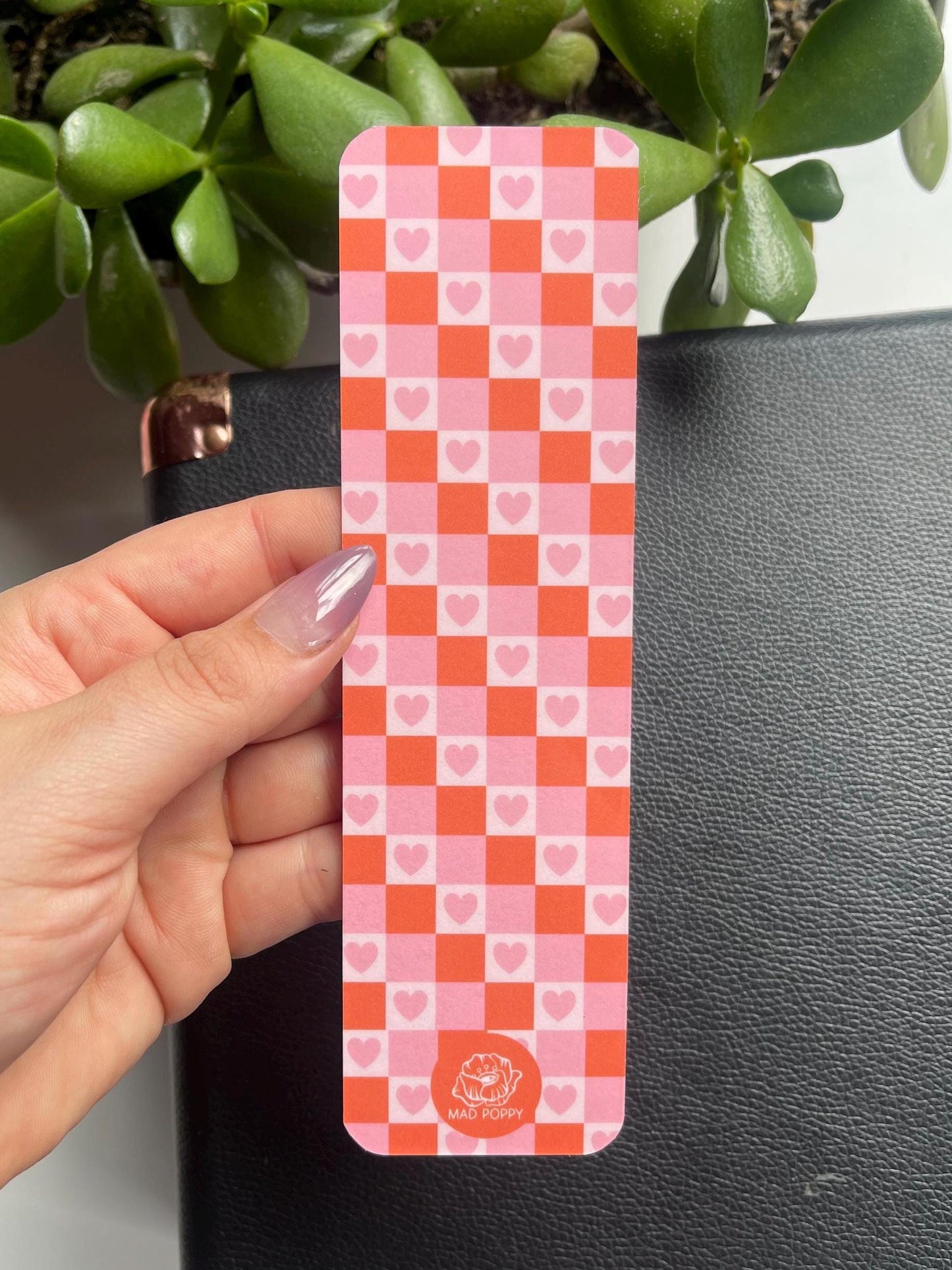 Pink, Red, and Cream Checkered Heart Bookmark