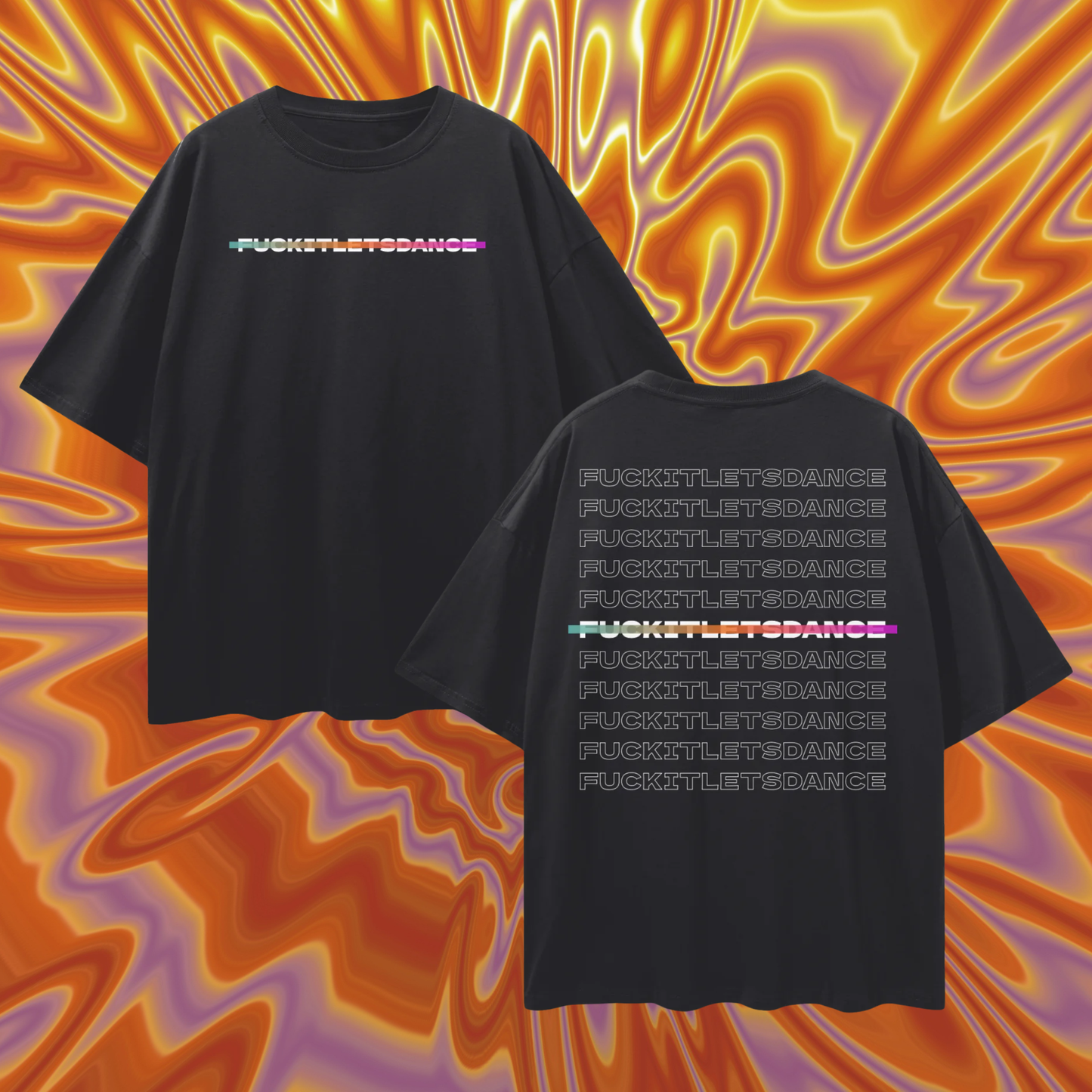 Black t-shirt with colorful text on a vibrant, abstract background