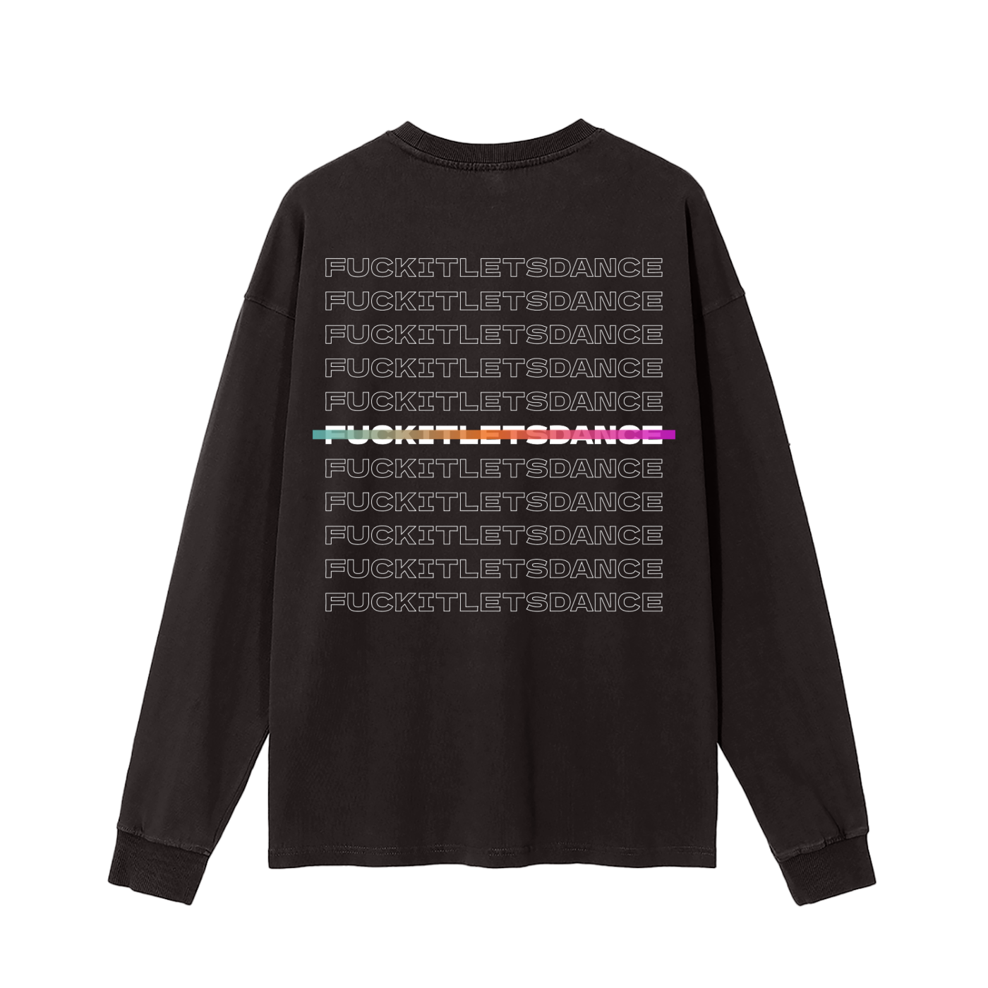 Black long-sleeve shirt with text design on a white background