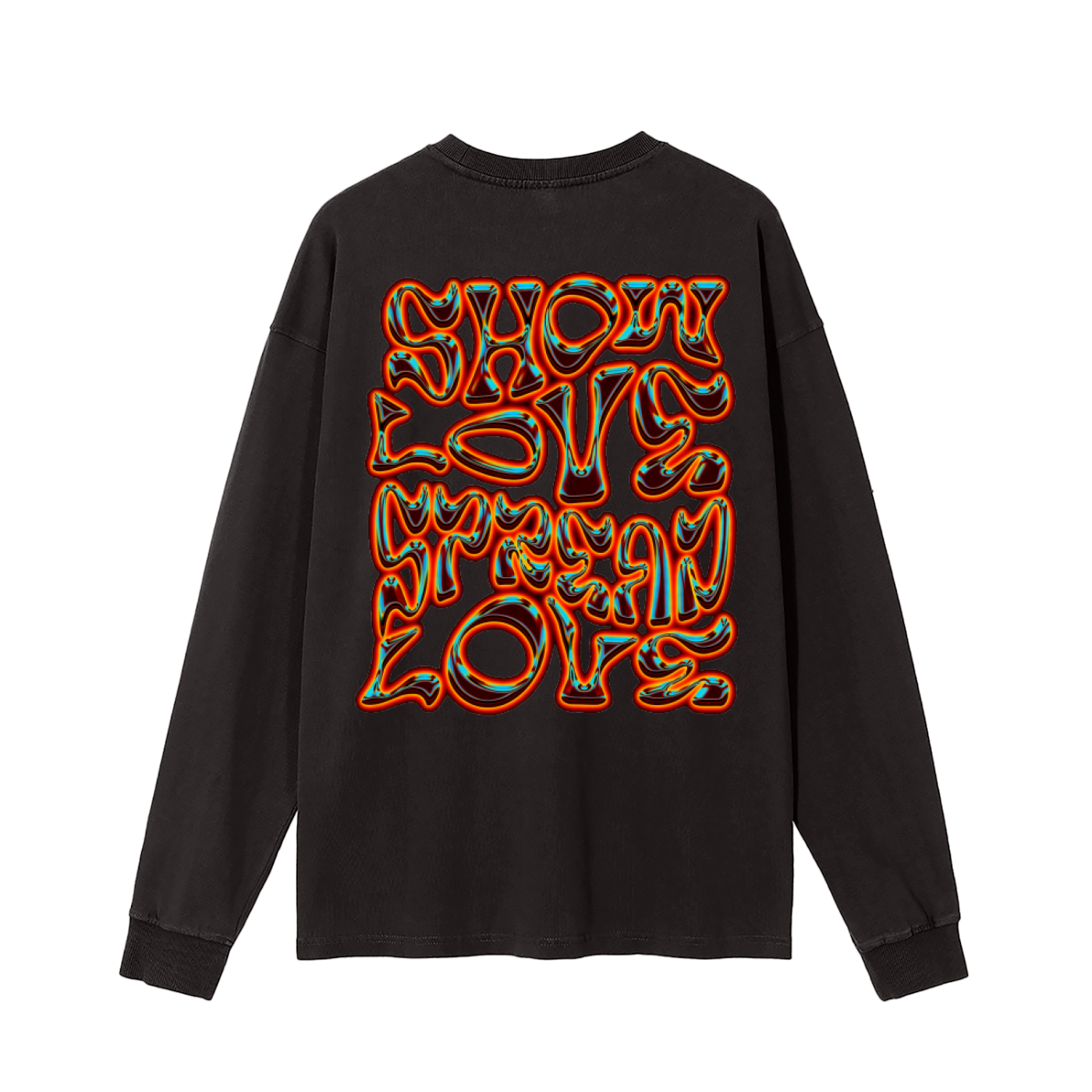 vintage washed tee,vintage wash finish,vintage black tee,trippy rave tee,trippy graphic tee,techno shirt,show love spread love,rave streetwear,rave outfit,rave long sleeve