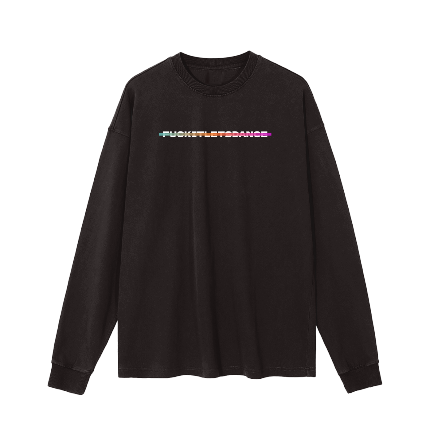 Black long-sleeve shirt with colorful text on a white background