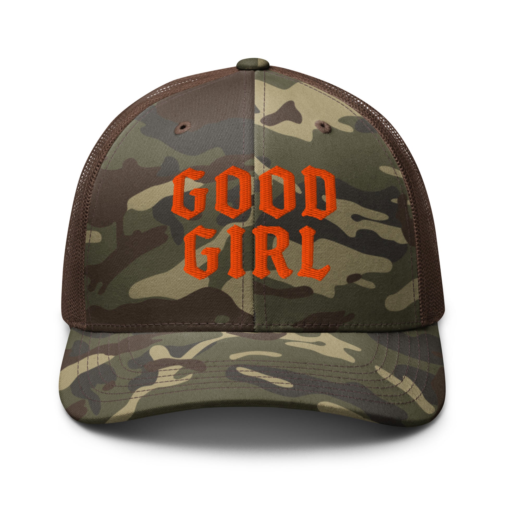 Camouflage cap with 'GOOD GIRL' text in orange on a white background