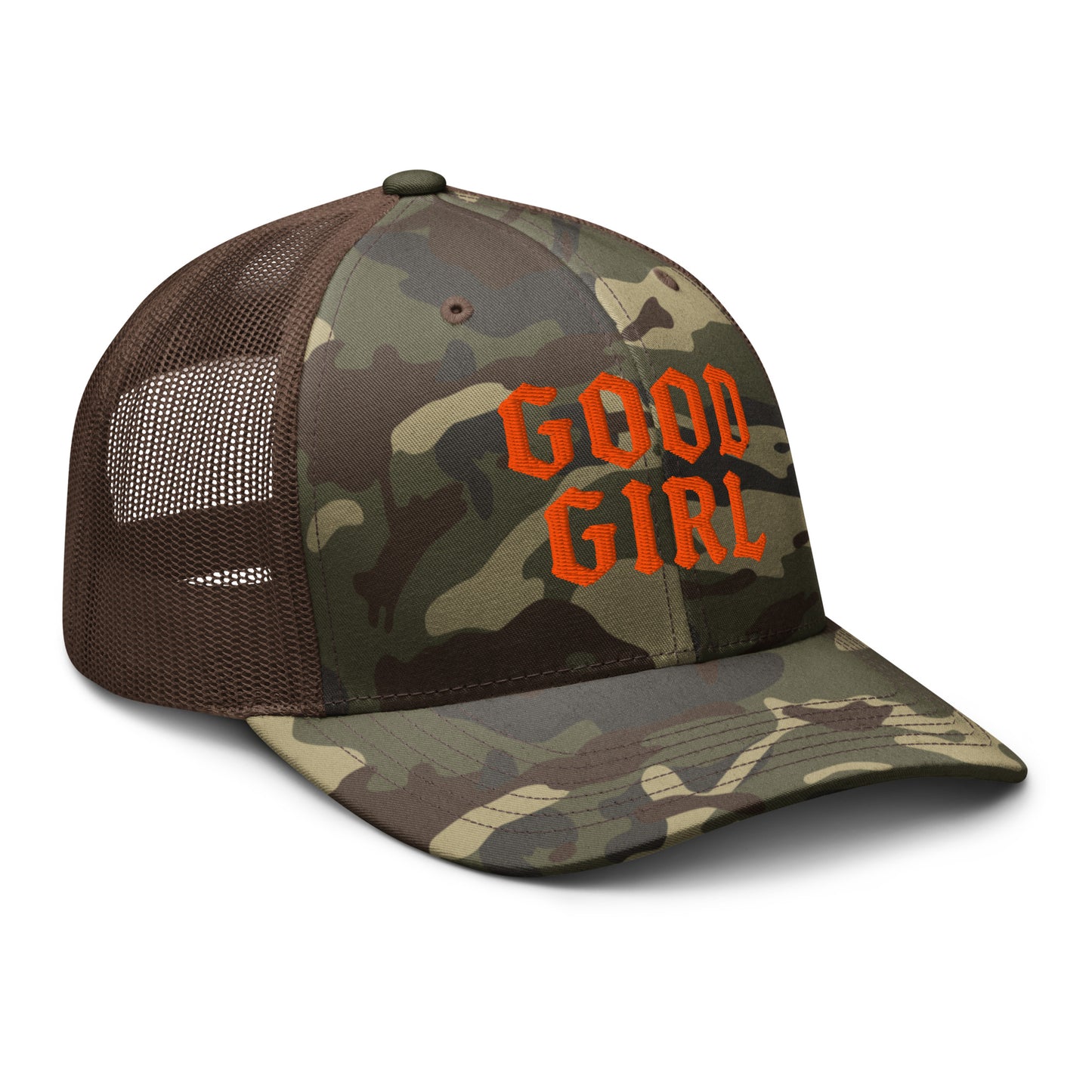 Camouflage cap with 'GOOD GIRL' text on a white background