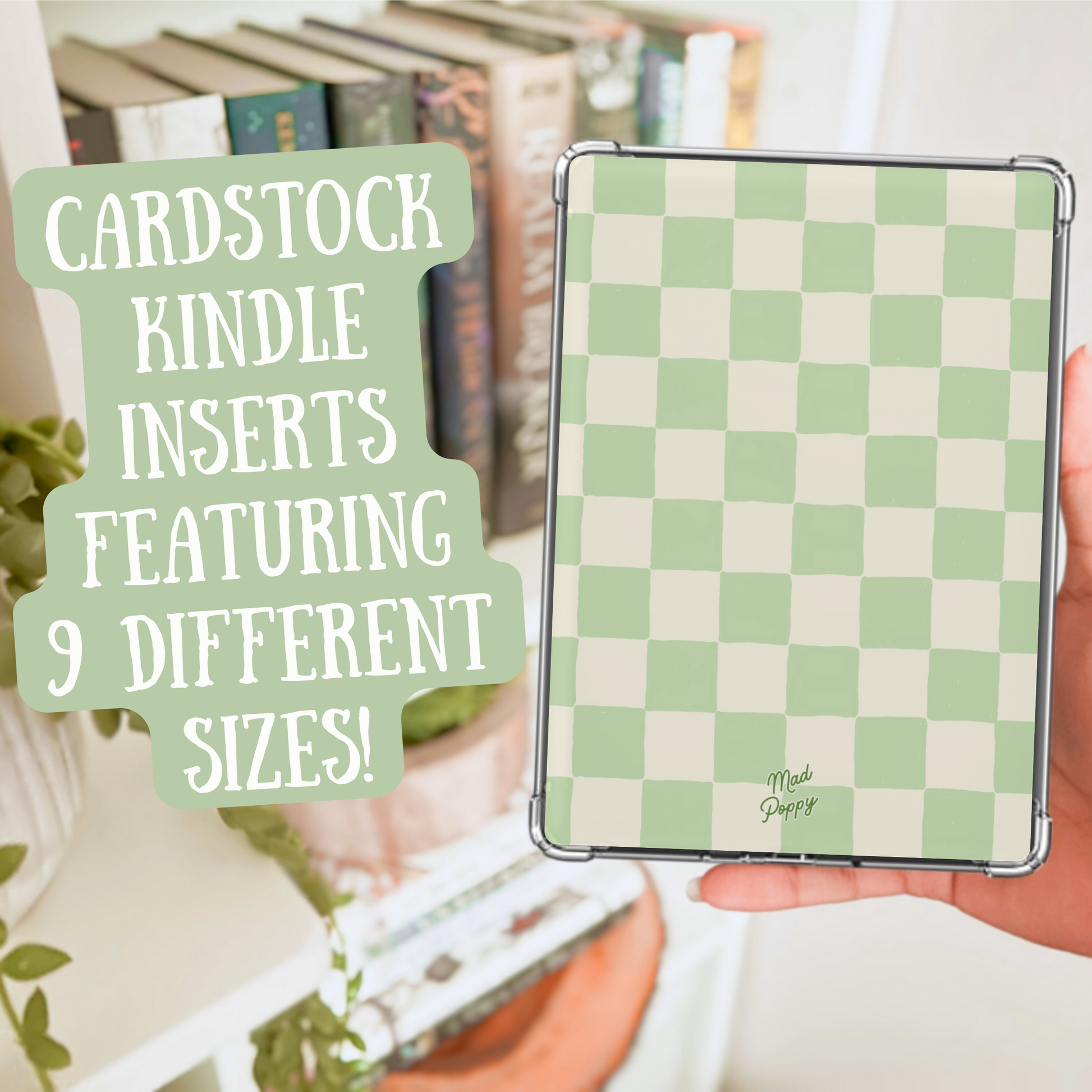 Hand holding a green and white checkered Kindle cover with text about cardstock Kindle inserts.