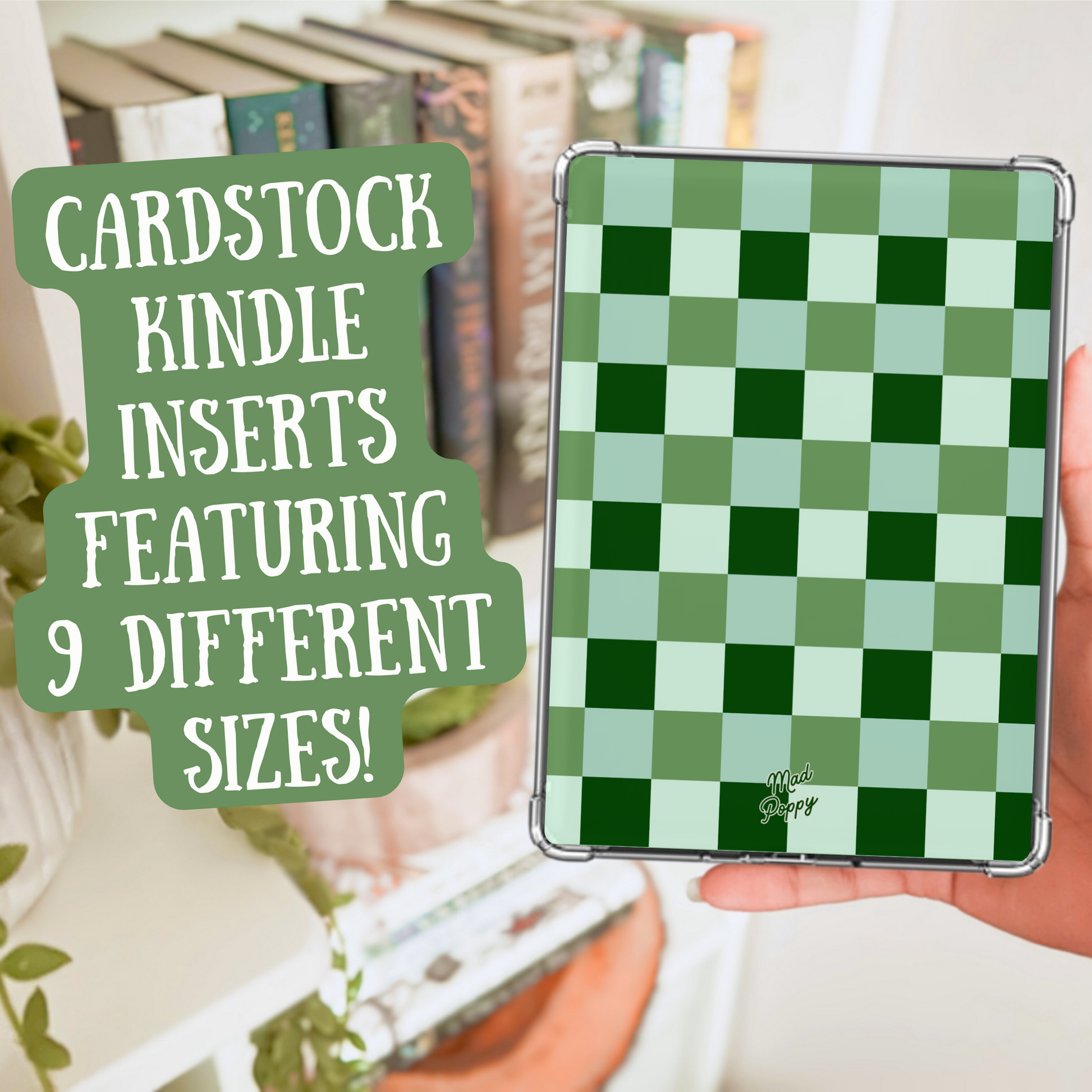 Hand holding a green checkered Kindle cover with text about cardstock Kindle inserts.