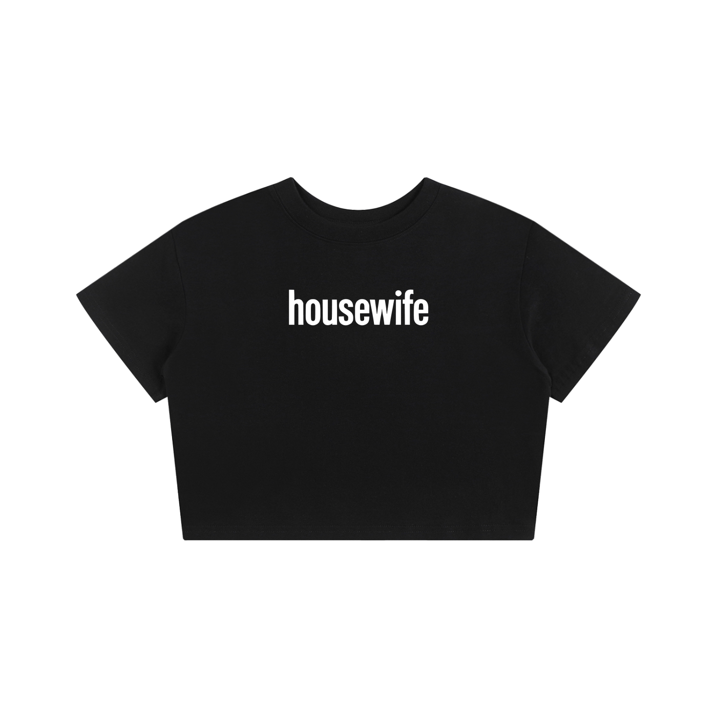 Black crop top with a white logo on a white background