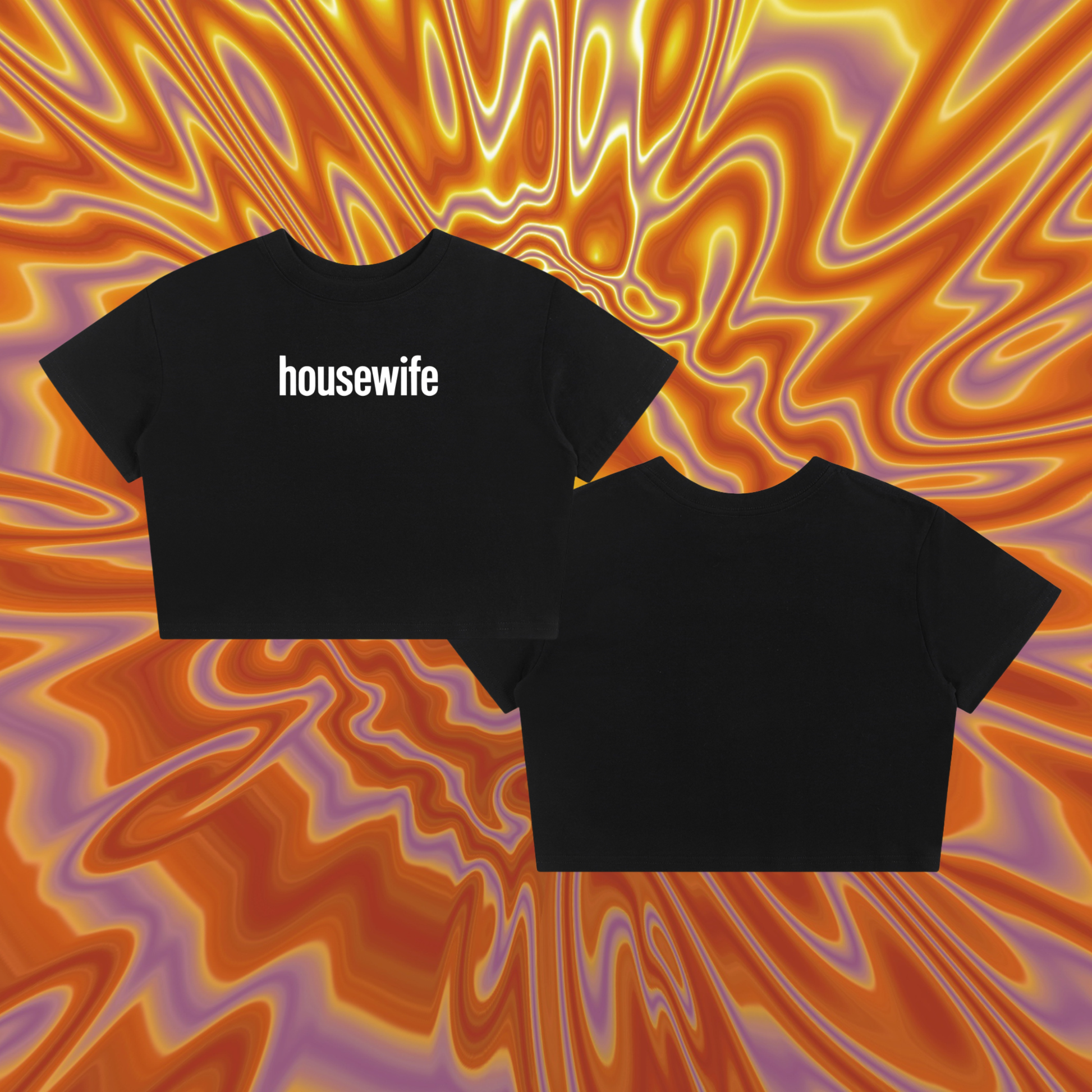 Black crop top with 'housewife' text on a colorful abstract background