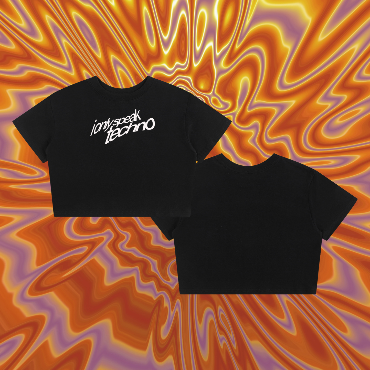 Black t-shirt with 'I only speak techno' text on a colorful abstract background