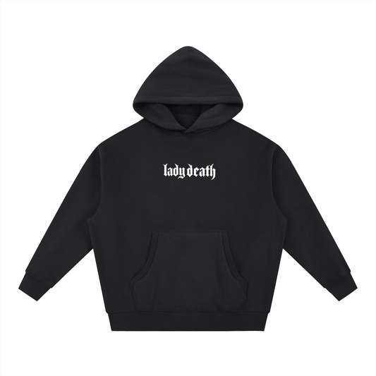 a black hooded sweatshirt with the text "lady death" in stylized font on the front against a white background