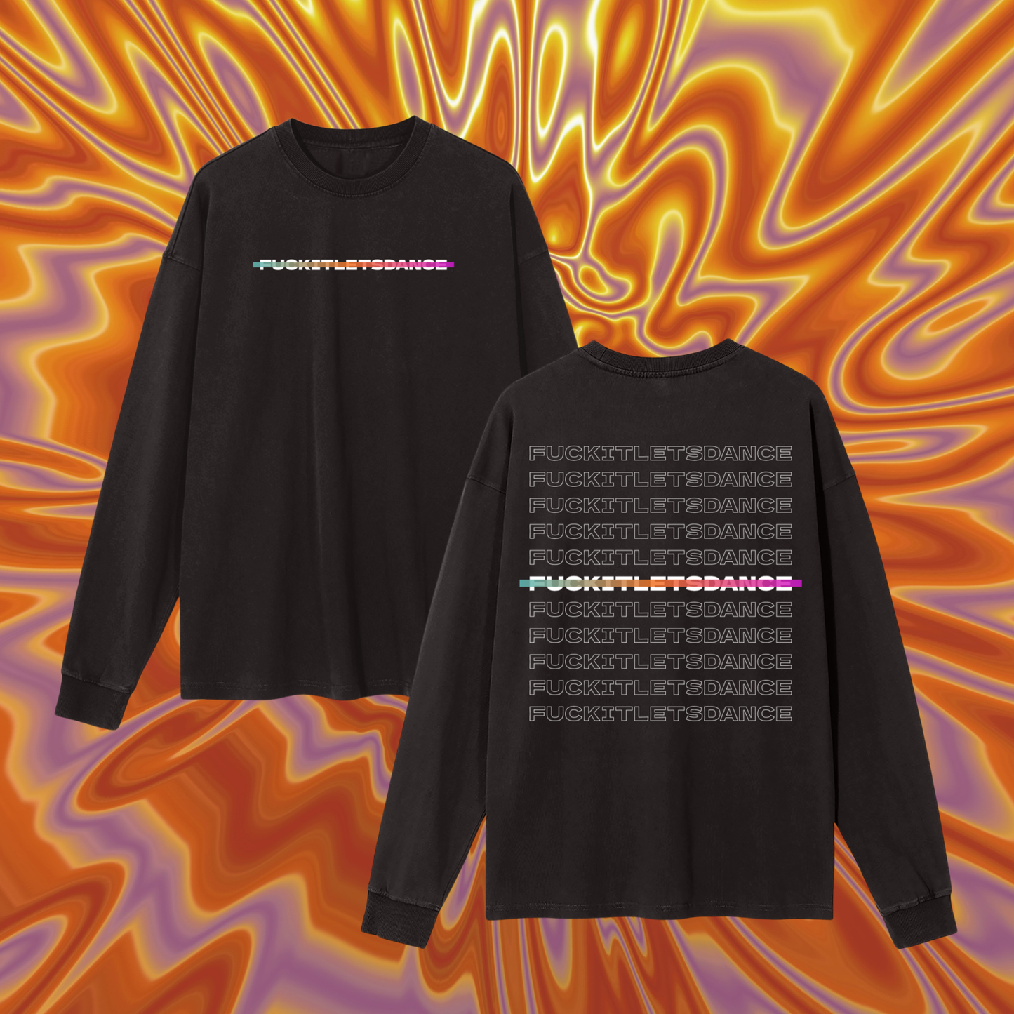 Black long-sleeve shirt with colorful text on a multicolored abstract background
