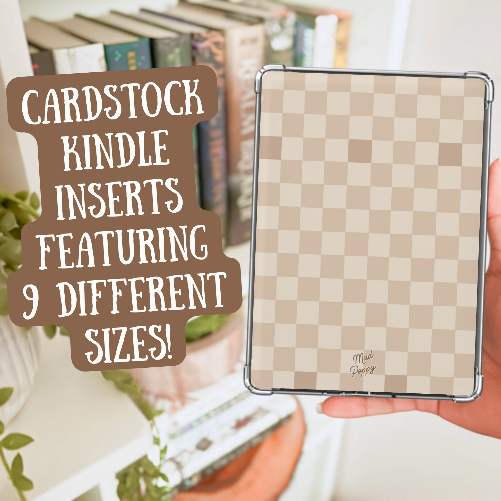 Hand holding a checkered Kindle cover with text about cardstock Kindle inserts.