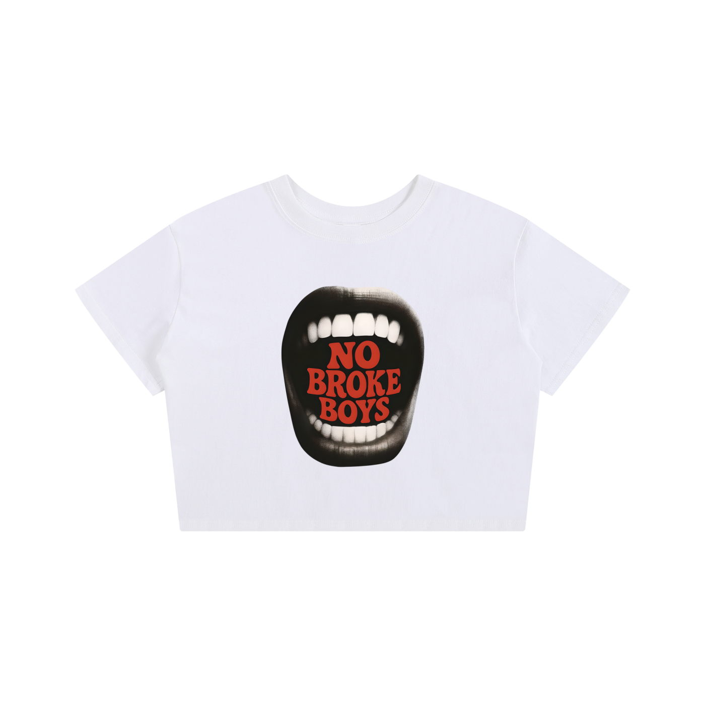 White t-shirt with a graphic of a mouth and 'No Broke Boys' text on a white background