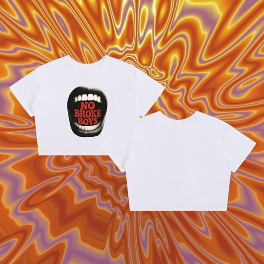 White t-shirt with a graphic design on a swirling orange and purple background