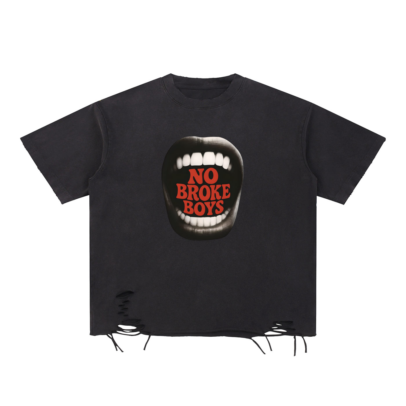 Black t-shirt with a graphic of a mouth and 'NO BROKE BOYS' text on a white background