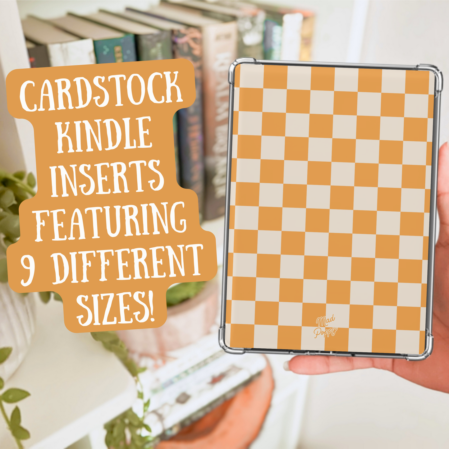 Checkered cardstock Kindle insert held by a hand with text overlay.
