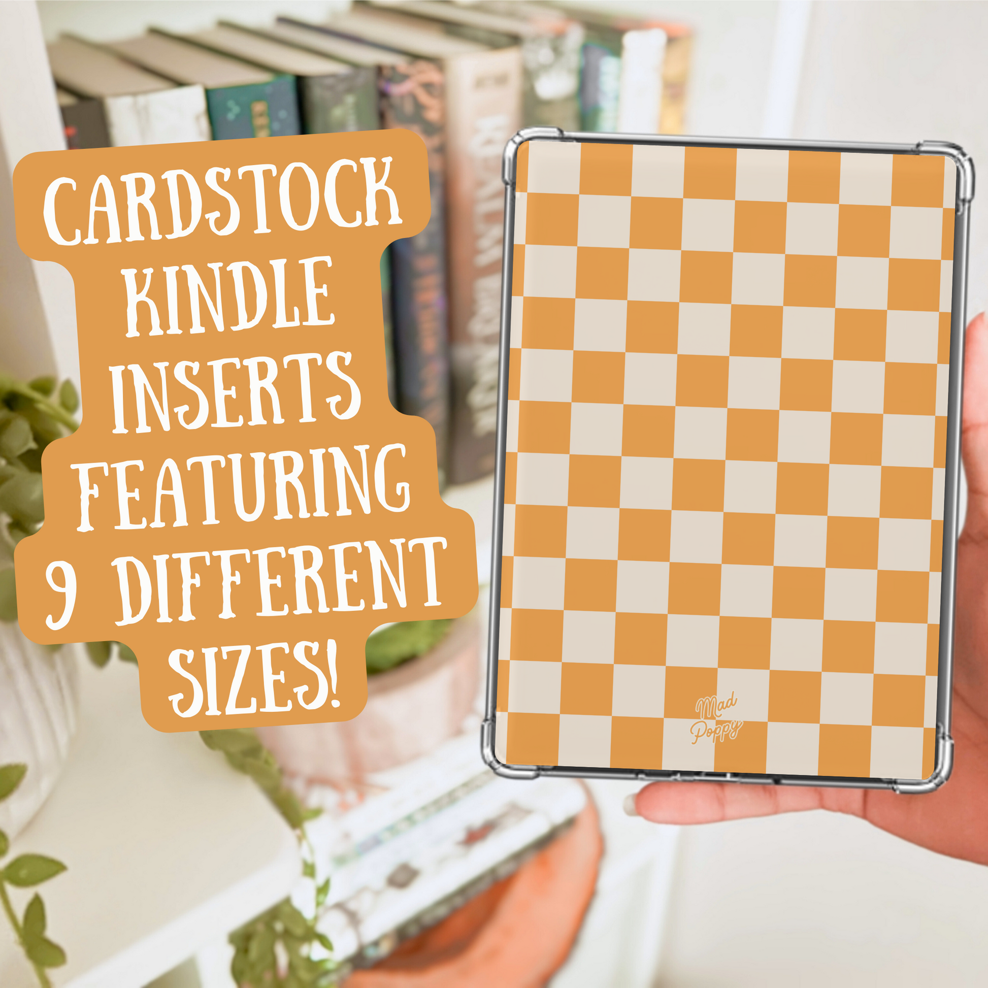 Checkered cardstock Kindle insert held by a hand with text overlay.