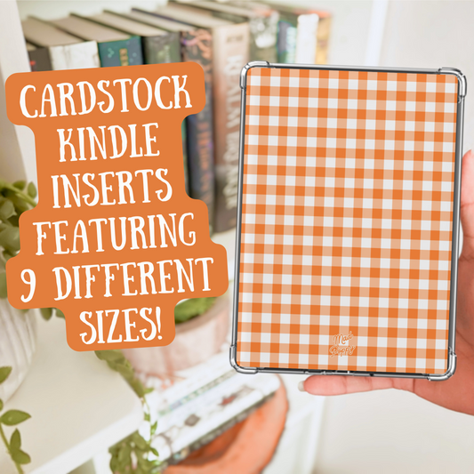 Cardstock Kindle insert with orange and white checkered pattern held by a hand, with text overlay.