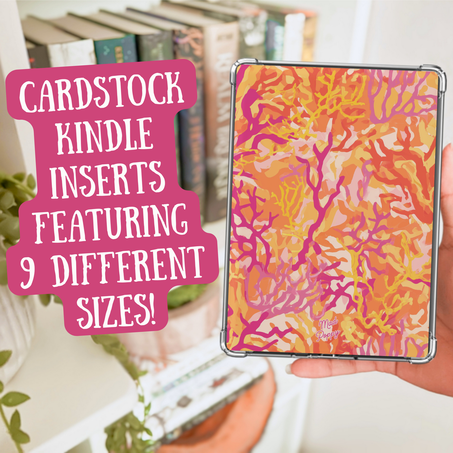 Cardstock Kindle insert with pink and orange pattern held by a hand, with text overlay.