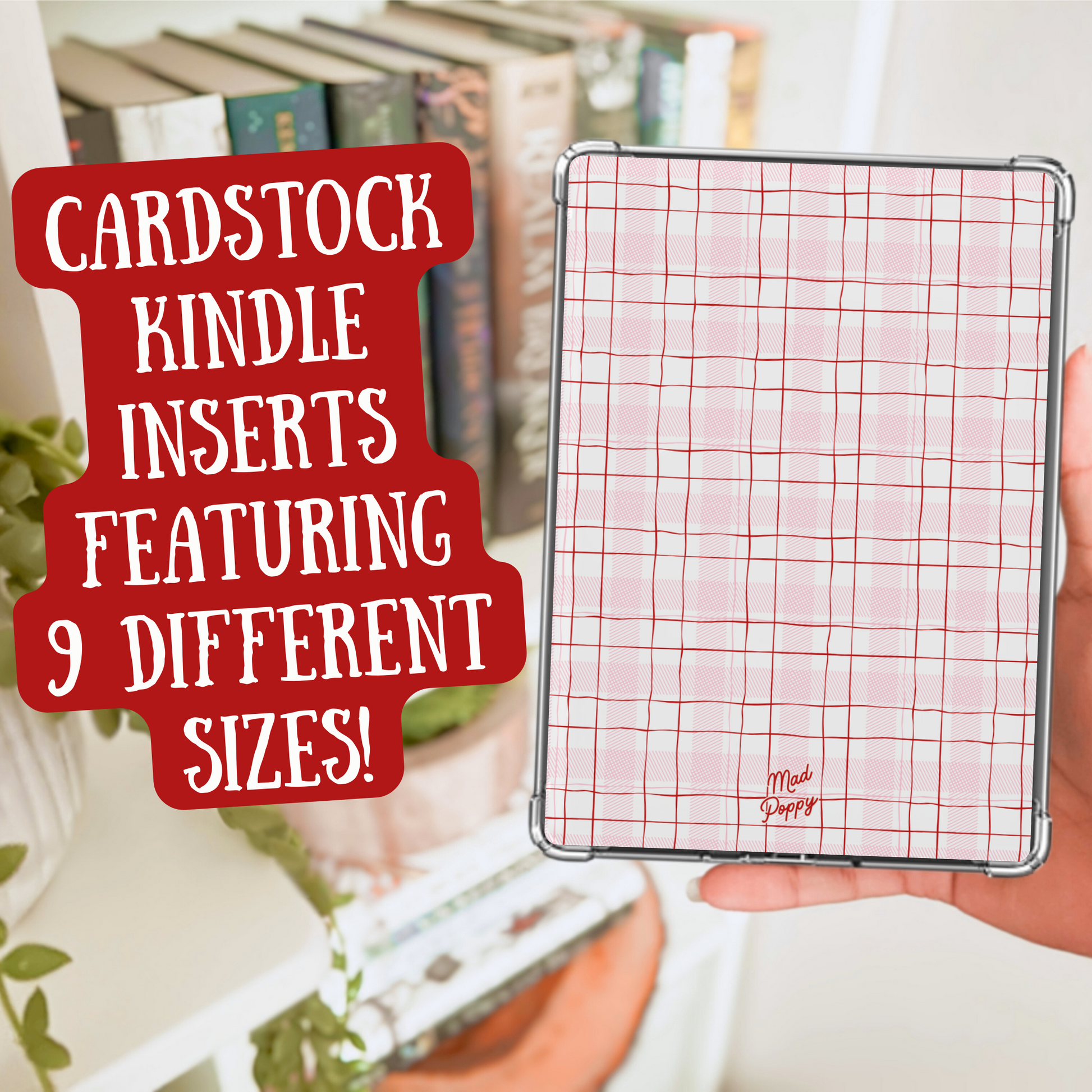 Cardstock Kindle insert with grid pattern held by a hand, with promotional text overlay.