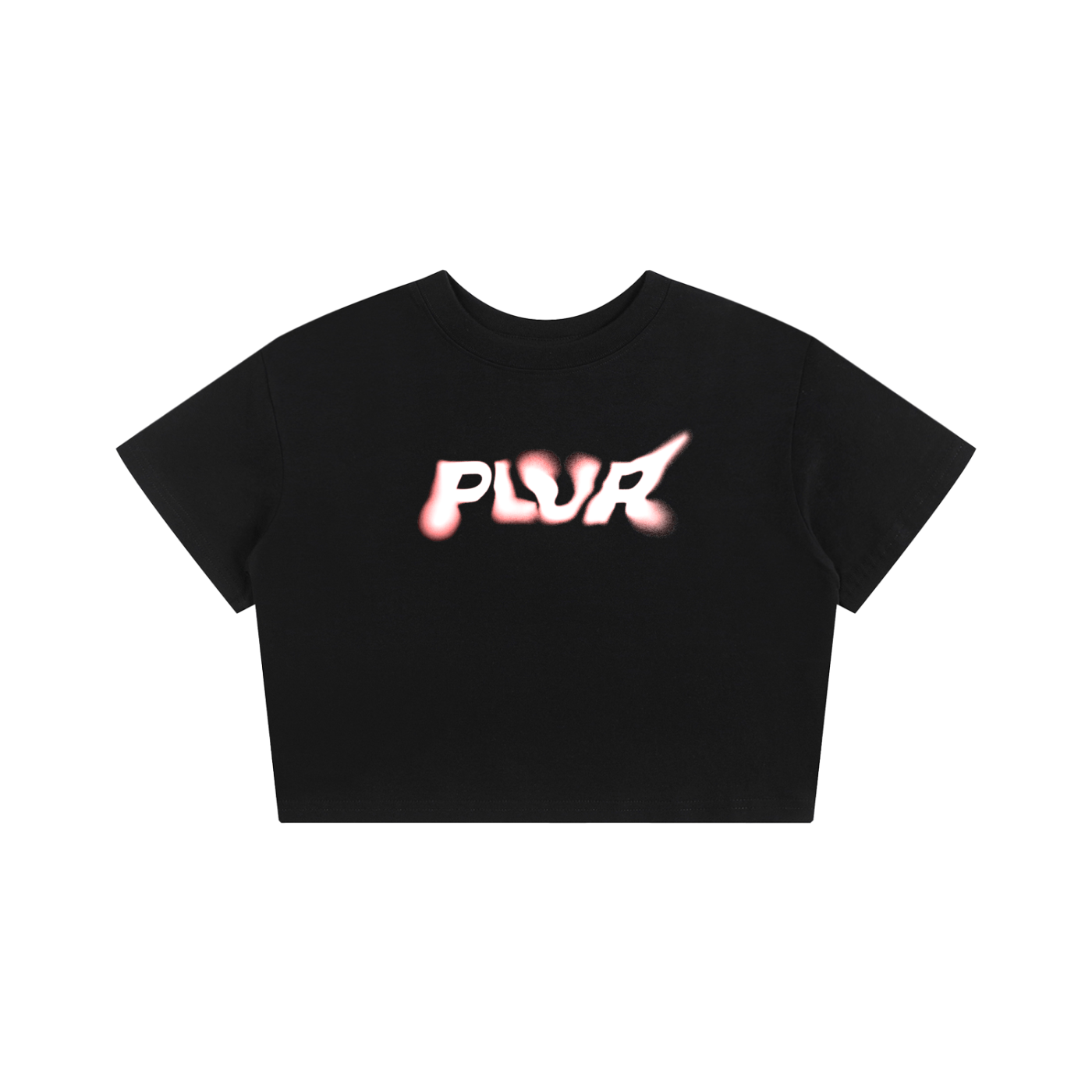 Black crop top with 'PLUR' text on a white background