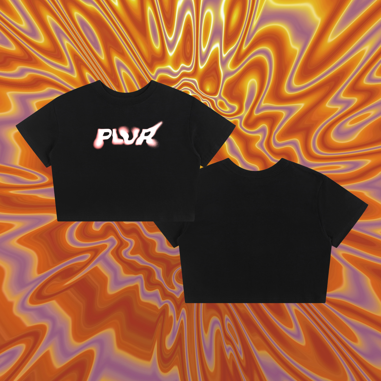 Black t-shirt with 'PLUR' logo on a colorful abstract background