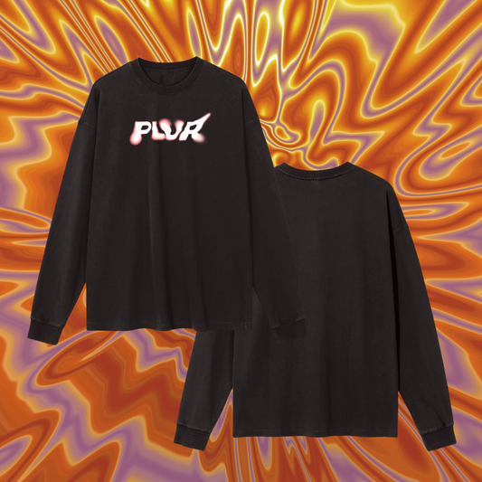 Black long-sleeve shirt with a logo on a colorful abstract background