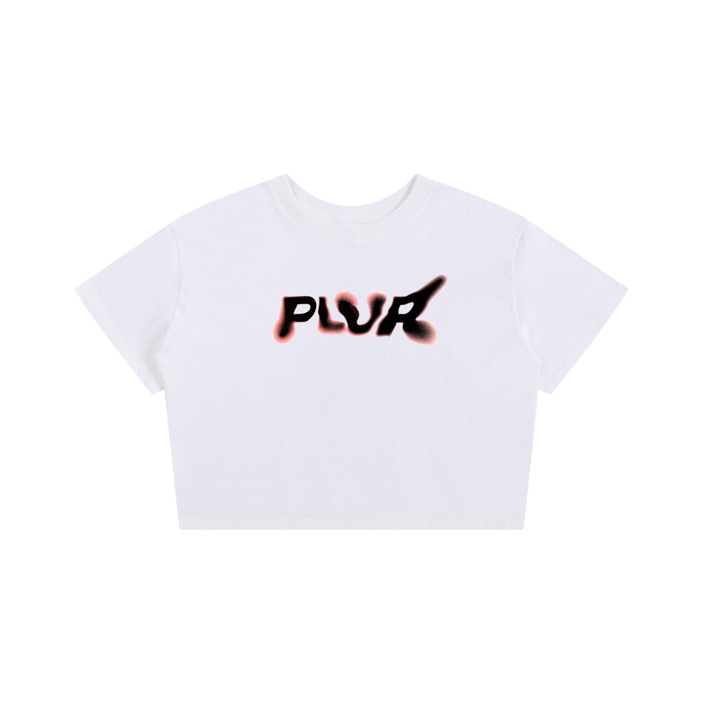 White crop top with 'PLUR' graphic design on a white background