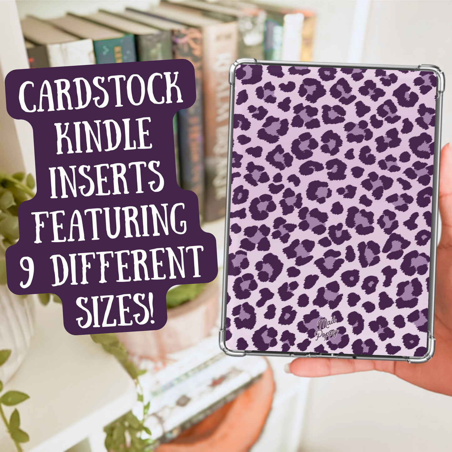Cardstock Kindle insert with purple leopard print pattern held by a hand.
