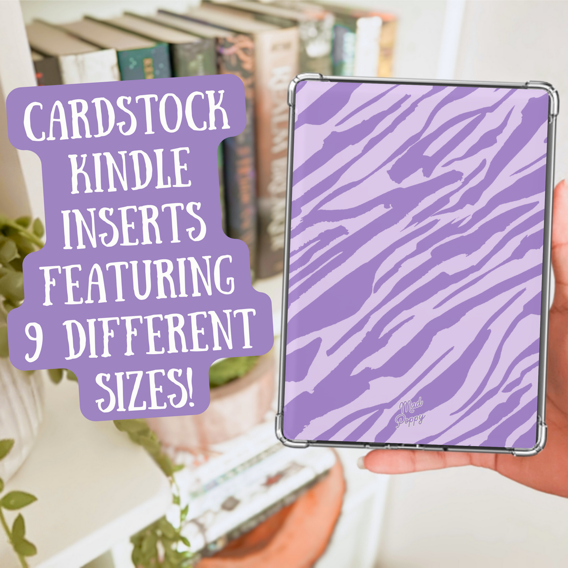 Hand holding a purple zebra-patterned Kindle cover with text about cardstock Kindle inserts.