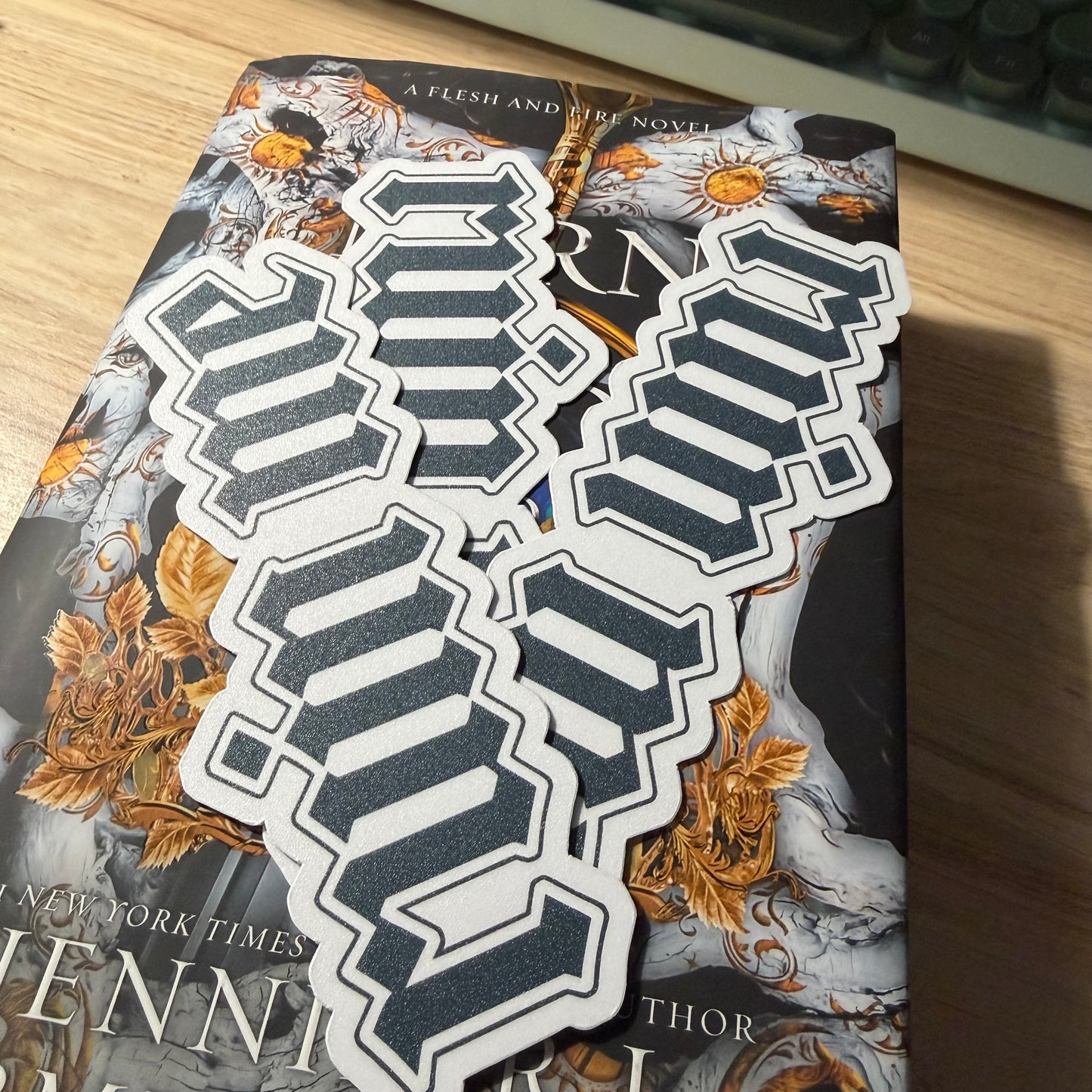 Book with decorative cover and prominent text on a wooden surface with ruin me bookmarks on top