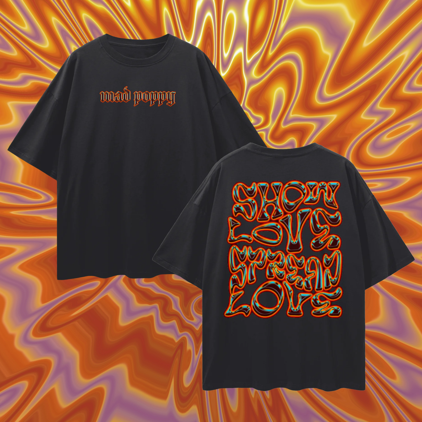 Black t-shirt with text design on front and back against a colorful abstract background