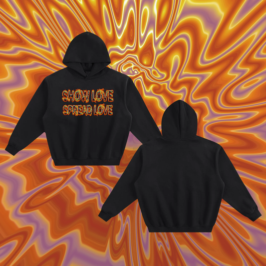 Black hoodie with 'Show Love Spread Love' text on a colorful abstract background