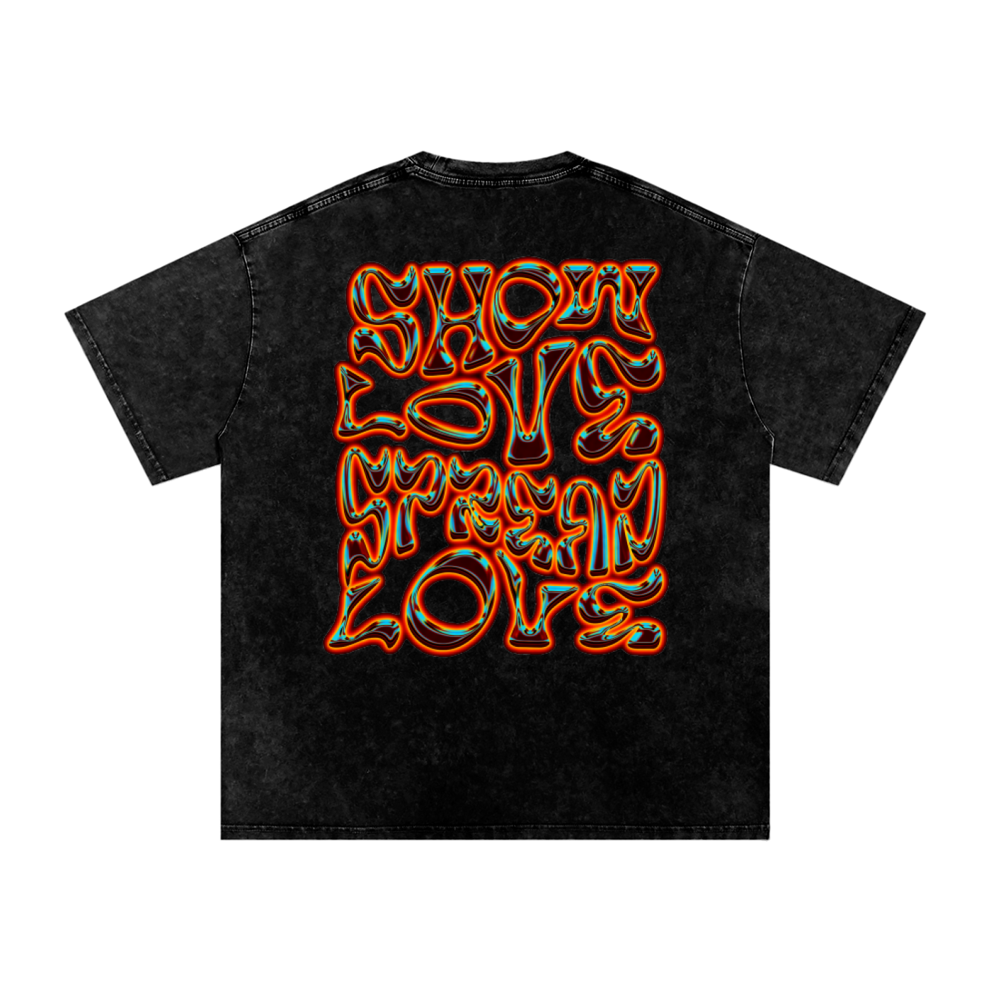 Black t-shirt with colorful text design on a white background