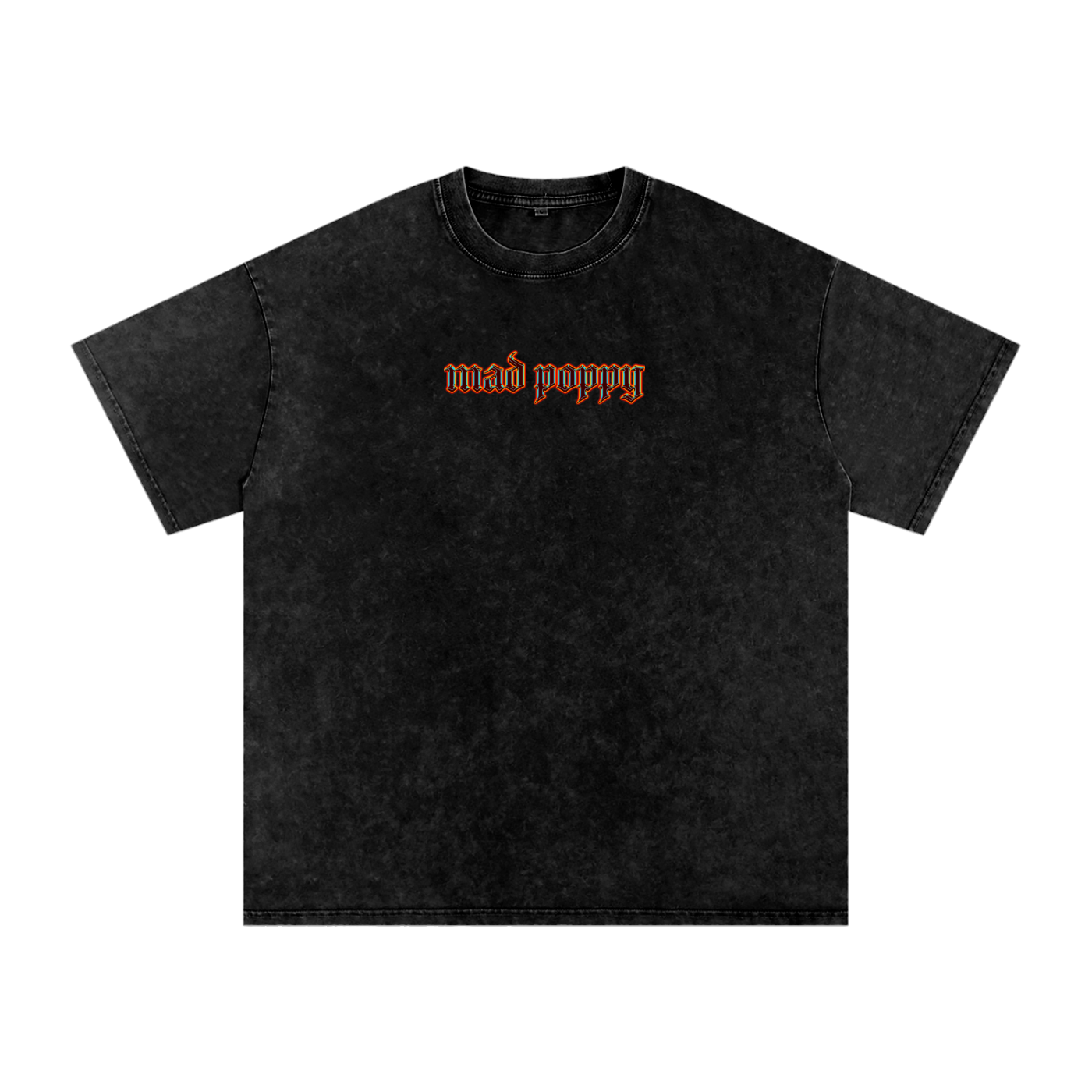 Black t-shirt with red text on a white background
