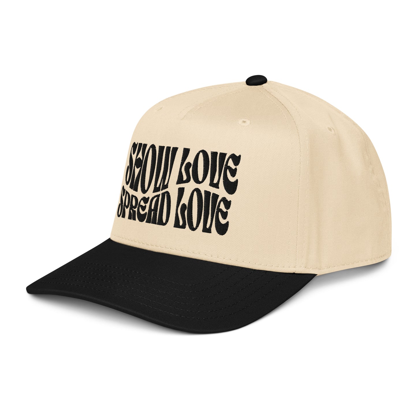 Beige and black cap with 'show love spread love' text on a white background