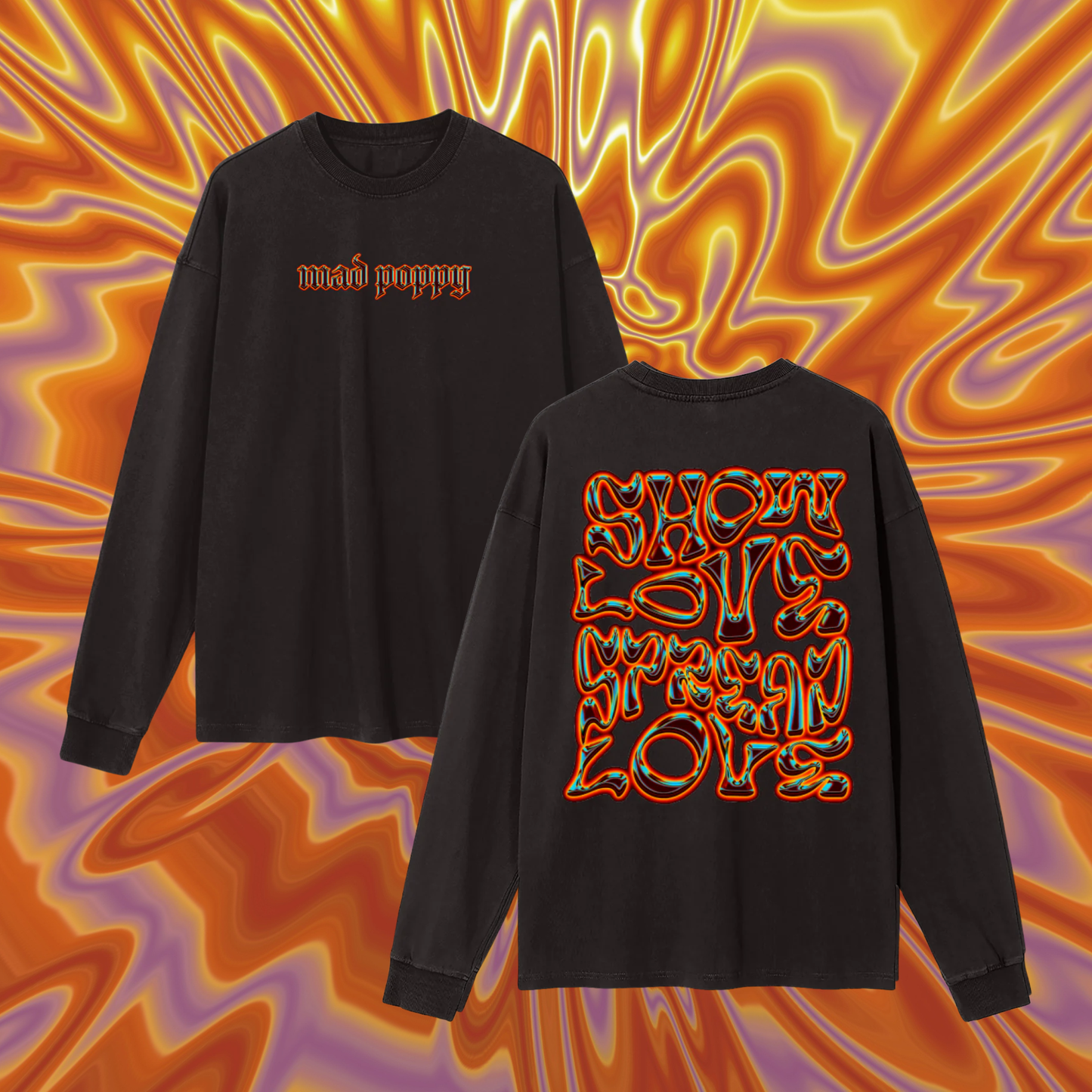Black long-sleeve shirt with colorful text design on a vibrant, abstract background