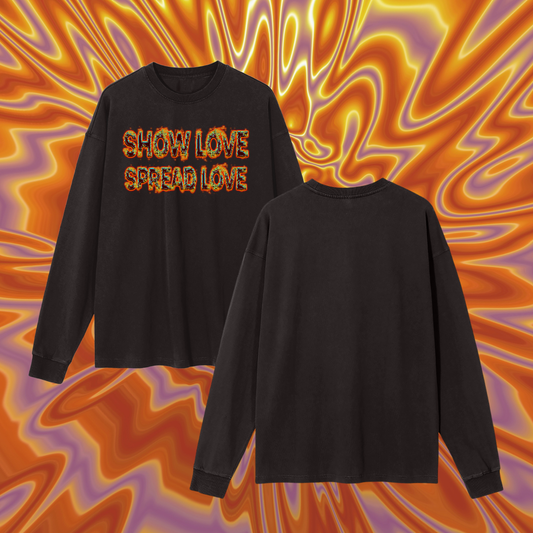 Black long-sleeve shirt with 'Show Love Spread Love' text on a colorful abstract background