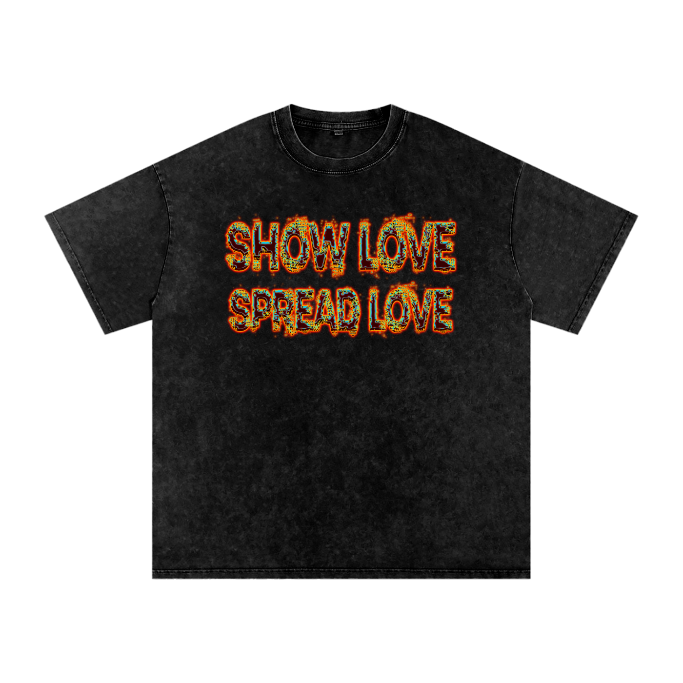 black tshirt with show love spread love on the front against a white background