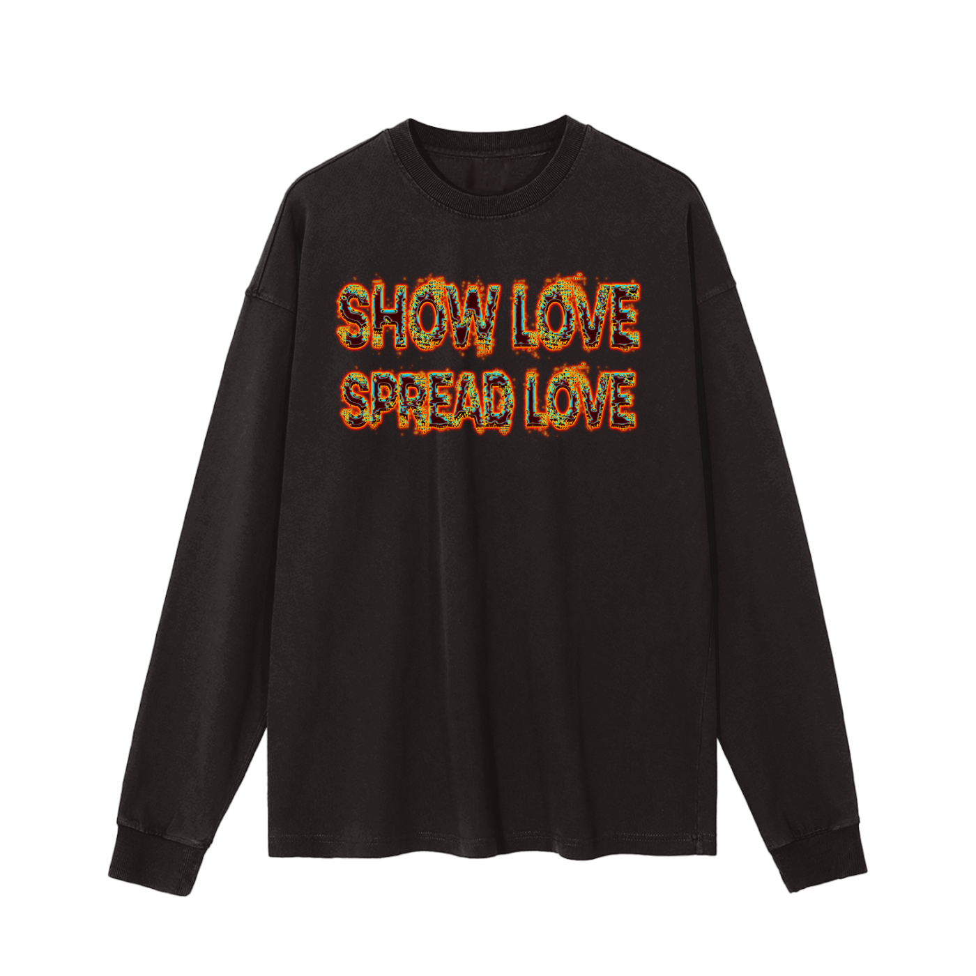 black long sleeve tshirt mock up with show love spread love on the front
