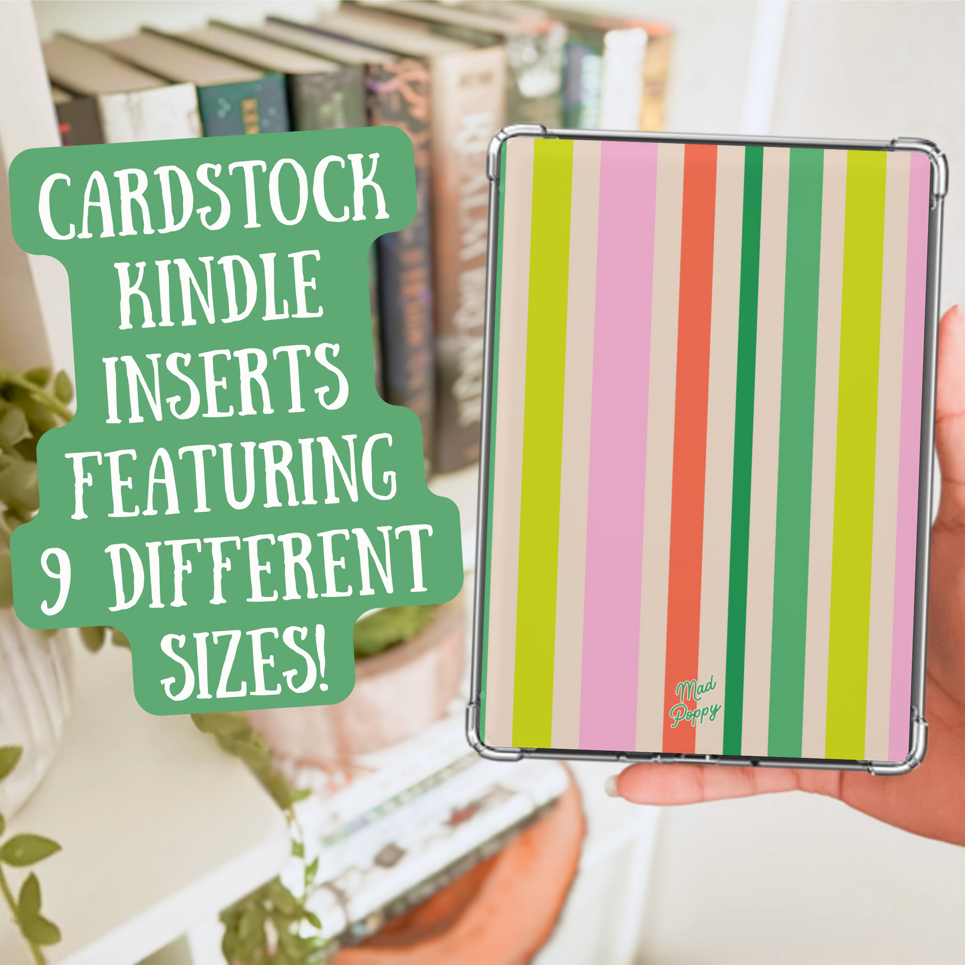 Hand holding a striped Kindle cover with text about cardstock Kindle inserts.