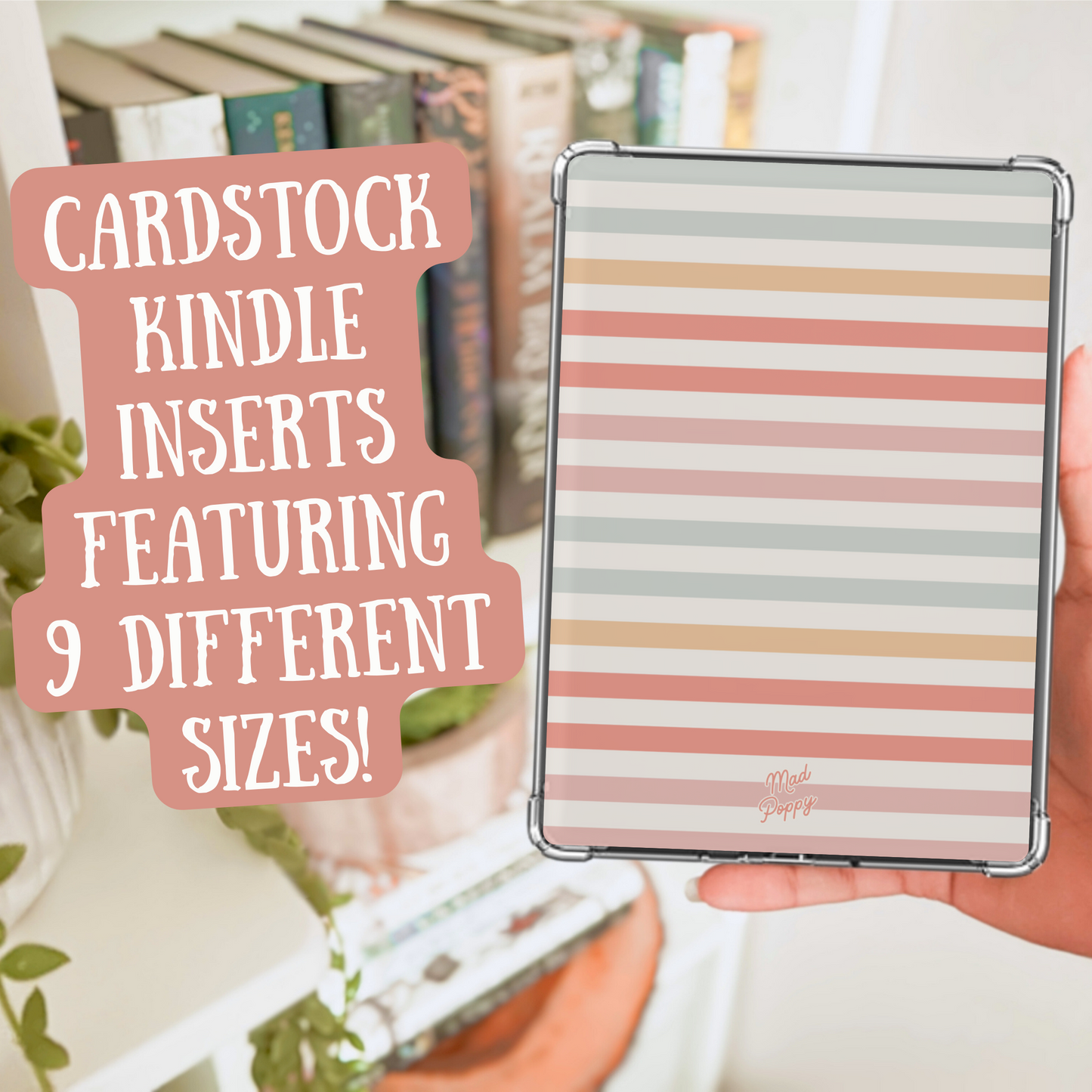 Hand holding a striped Kindle cover with text about cardstock Kindle inserts.