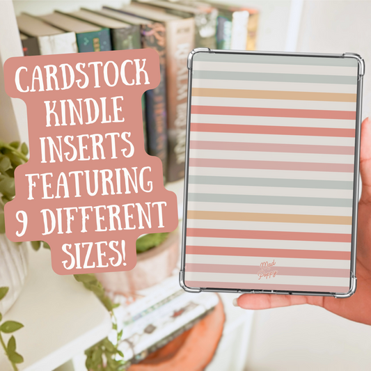 Hand holding a striped Kindle cover with text about cardstock Kindle inserts.