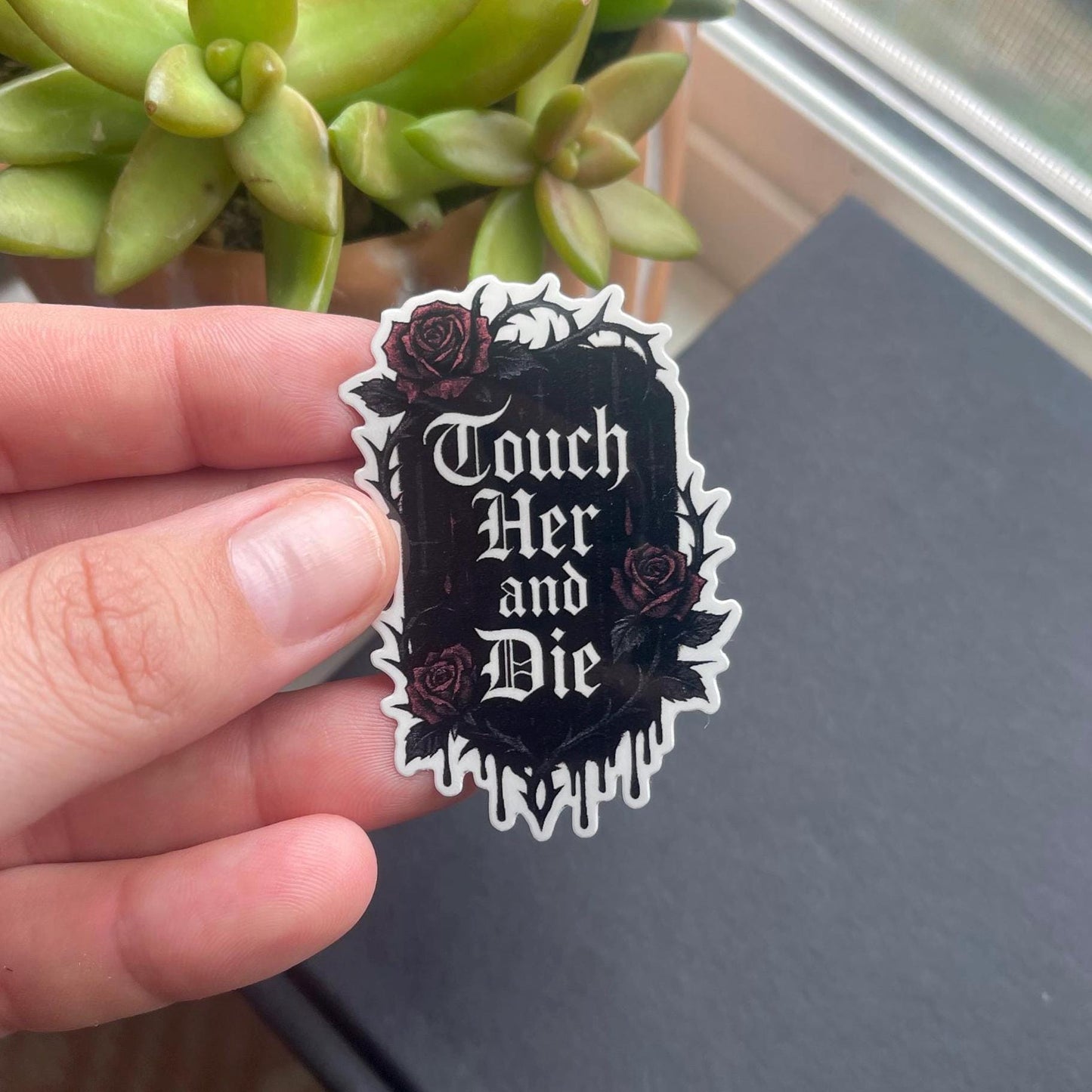 Hand holding a sticker with text and roses against a plant and book background
