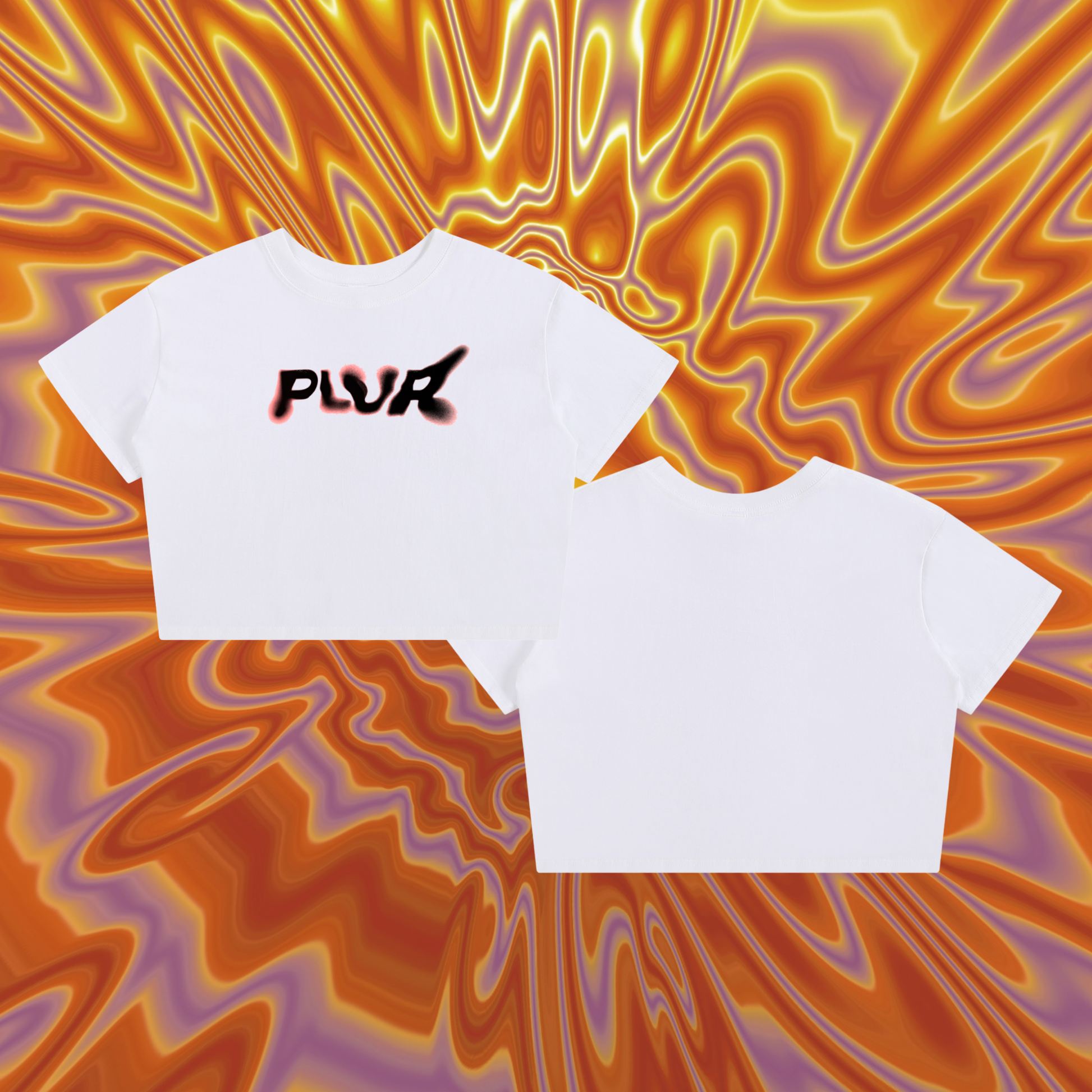 White t-shirt with 'PLUR' logo on a swirling orange and purple background